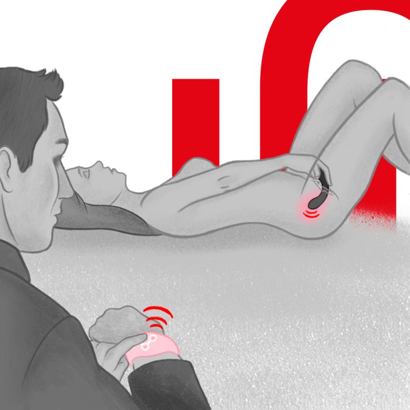Illustration: Mann bedient Fernbedienung, Frau nutzt Vibrator.