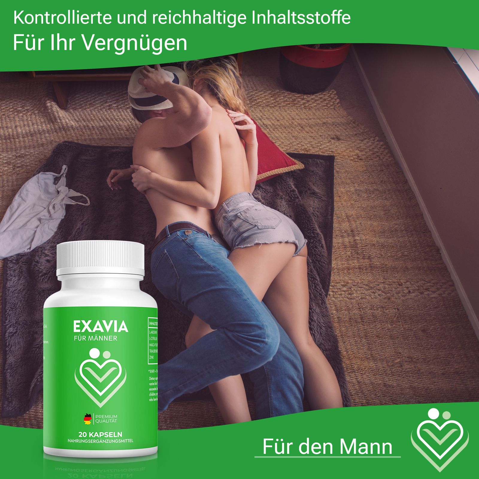 Produktflasche vor Paar. Text: Kontrollierte Inhaltsstoffe, Für Ihr Vergnügen, Für den Mann. Aufschrift: EXAVIA FÜR MÄNNER. 20 Kapseln.
