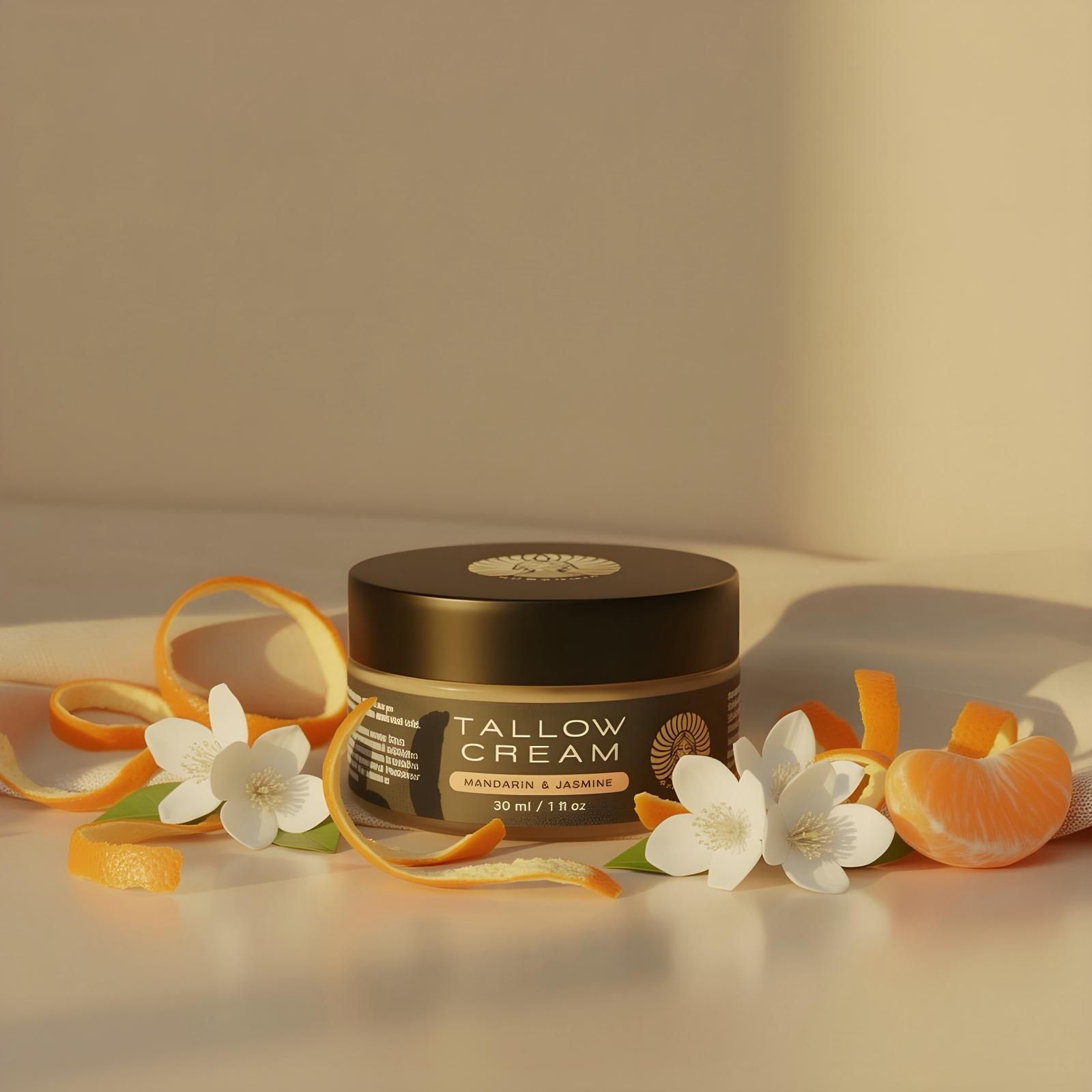 Tiegel Tallow Creme, Mandarine, Jasminblüten, Orangenschalen. Text: Mandarin & Jasmine. 30 ml.