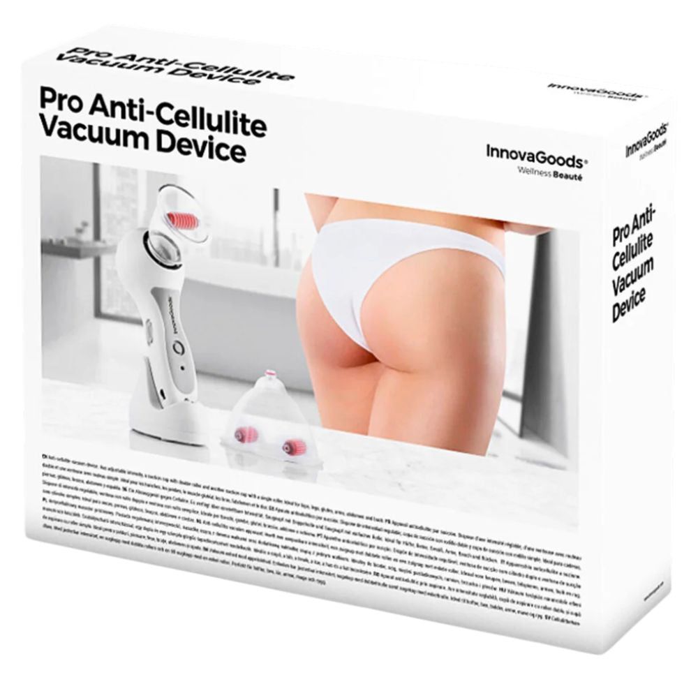 Verpackung mit Produktabbildung. Text: Pro Anti-Cellulite Vacuum Device. Marke: InnovaGoods. Wellness-Beauté.