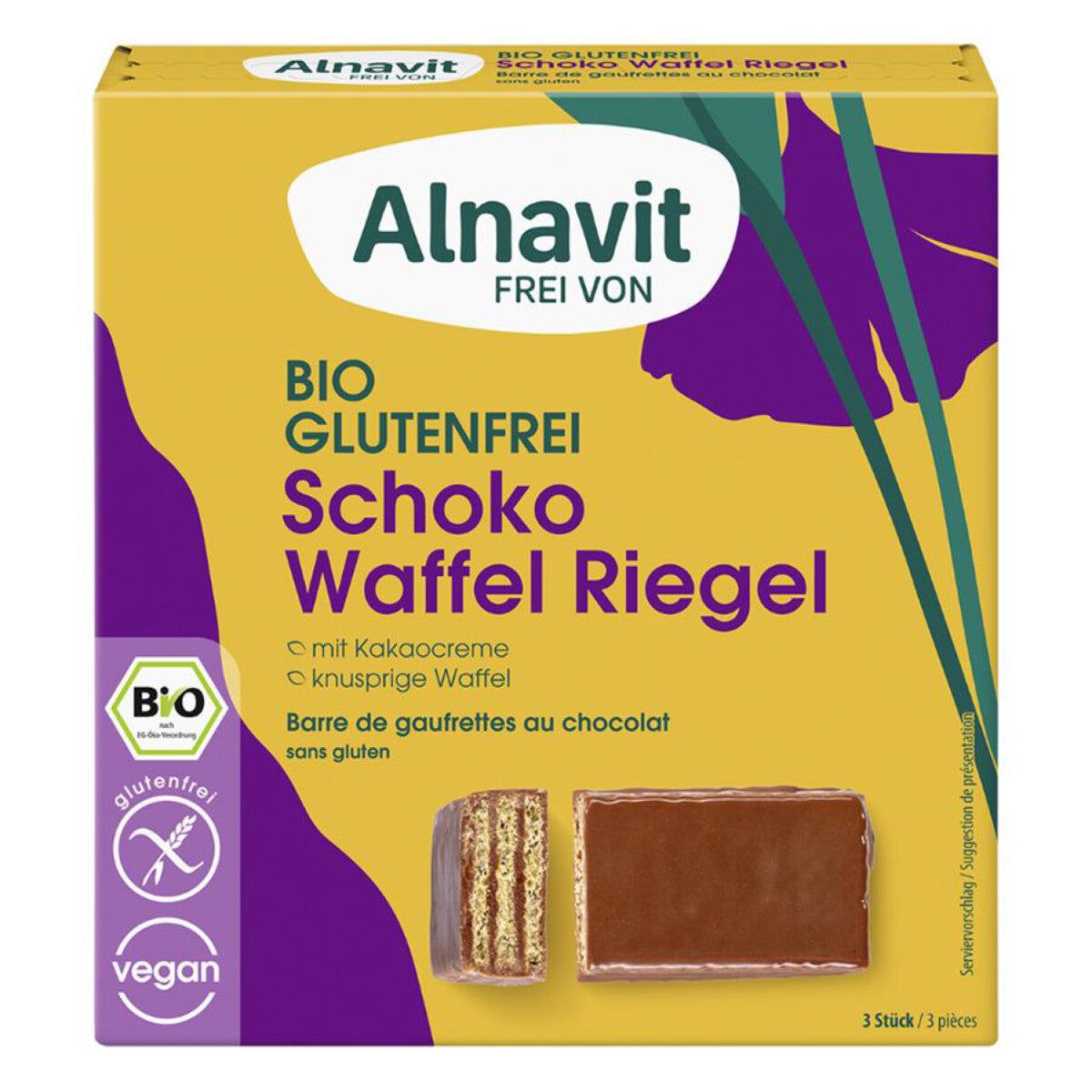 Verpackung von Alnavit Schoko Waffel Riegel. Gelber Hintergrund, lila Akzente. Text: BIO, glutenfrei, vegan. Abgebildet sind Waffelriegel.