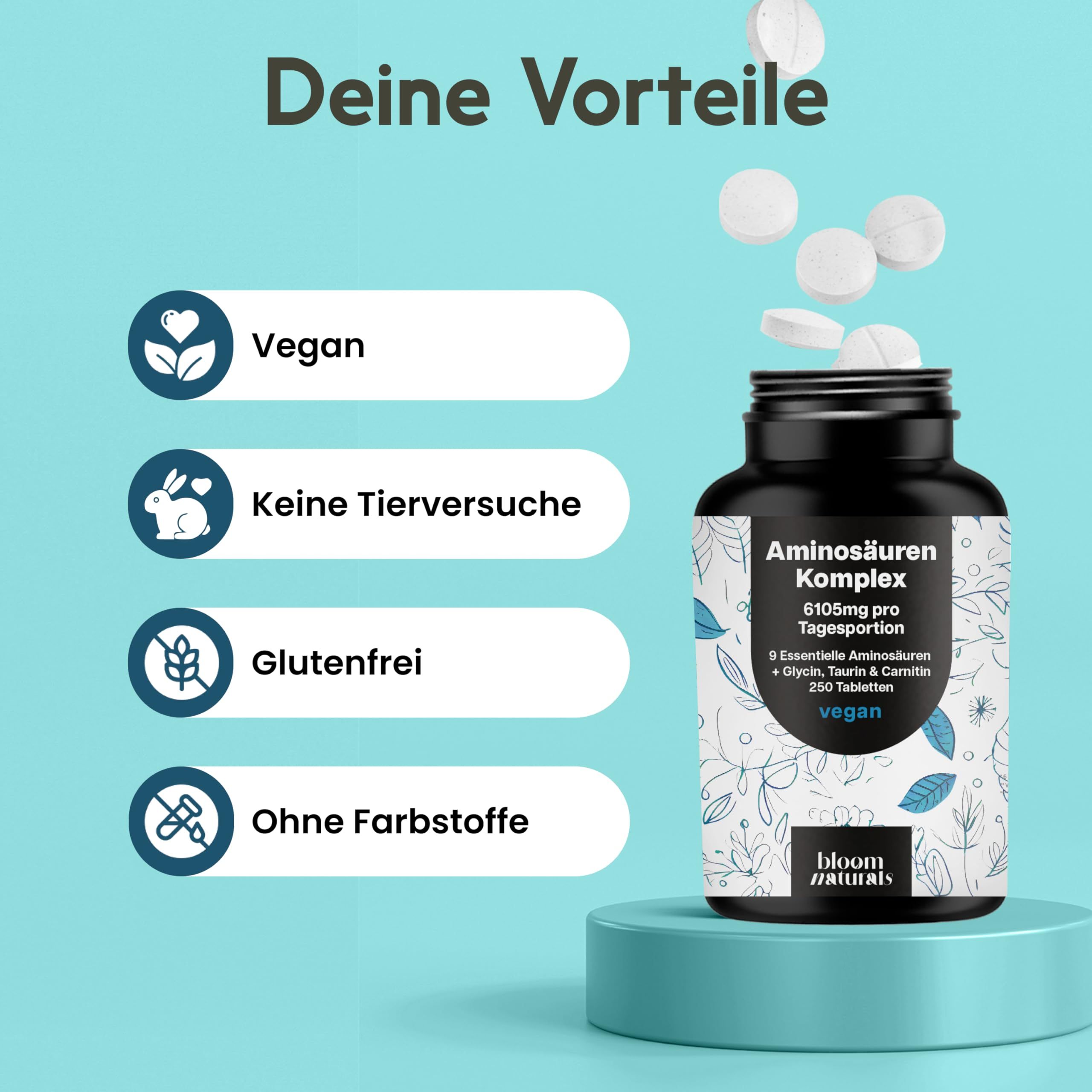 Flasche Aminosäuren Komplex Tabletten. Text: Vegan, keine Tierversuche, glutenfrei, ohne Farbstoffe.
