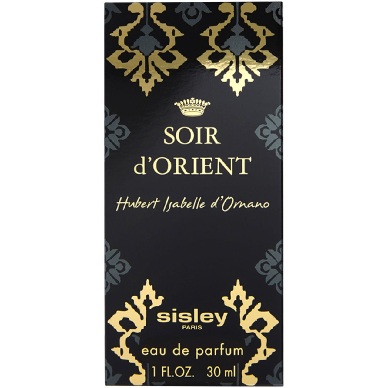 Schwarze Verpackung mit goldenen Ornamenten und Schriftzug: Soir d'Orient, Hubert Isabelle d'Ornano, Sisley Paris, Eau de Parfum.