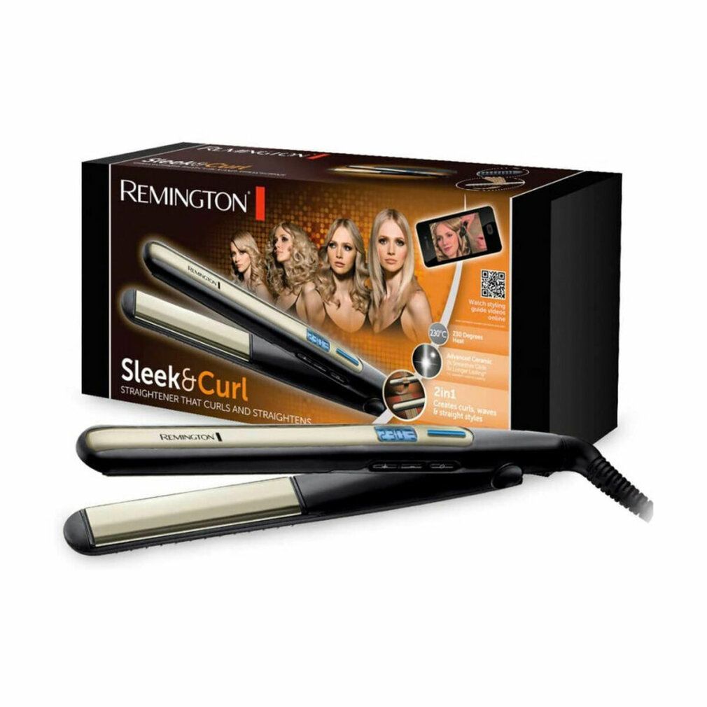 Haarglätter in Verpackung. Marke: Remington. Aufdruck: Sleek & Curl. Mit Abbildung von Frauen.