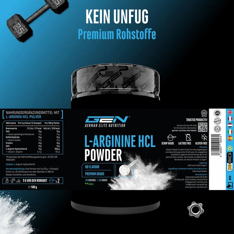 GEN L-Arginin HCL Pulver Dose mit Nährwertangaben und Siegeln.
