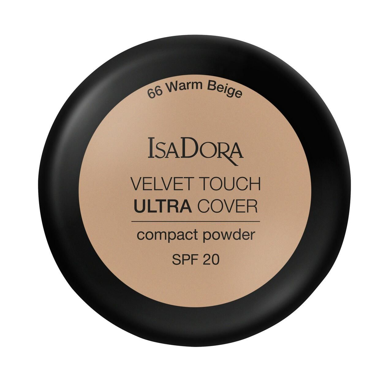 Runder, schwarzer Kompaktpuder. Beige Puderfläche. Text: IsaDora, Velvet Touch Ultra Cover, compact powder, SPF 20, 66 Warm Beige.