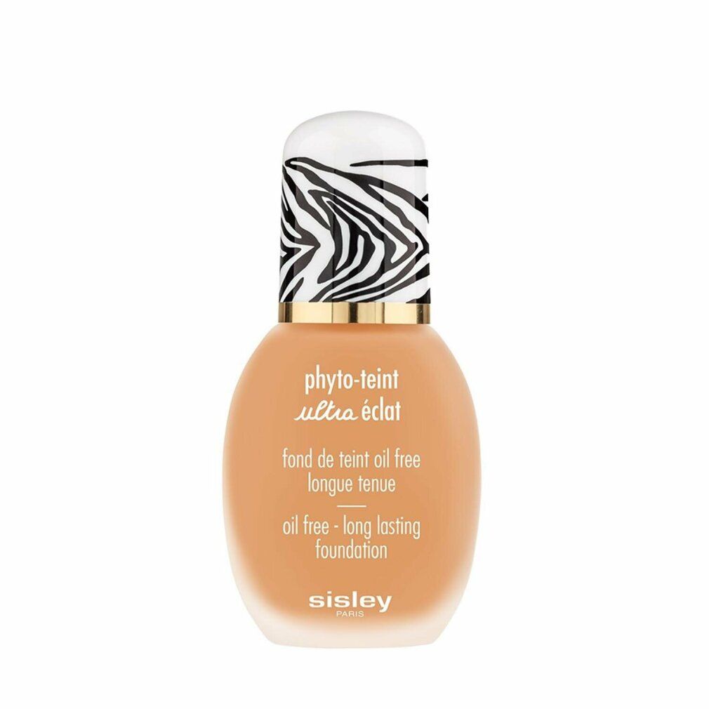 Sisley Phyto-Teint Ultra Eclat Foundation. Flasche mit Zebra-Muster-Deckel. Text: oil free - long lasting foundation.