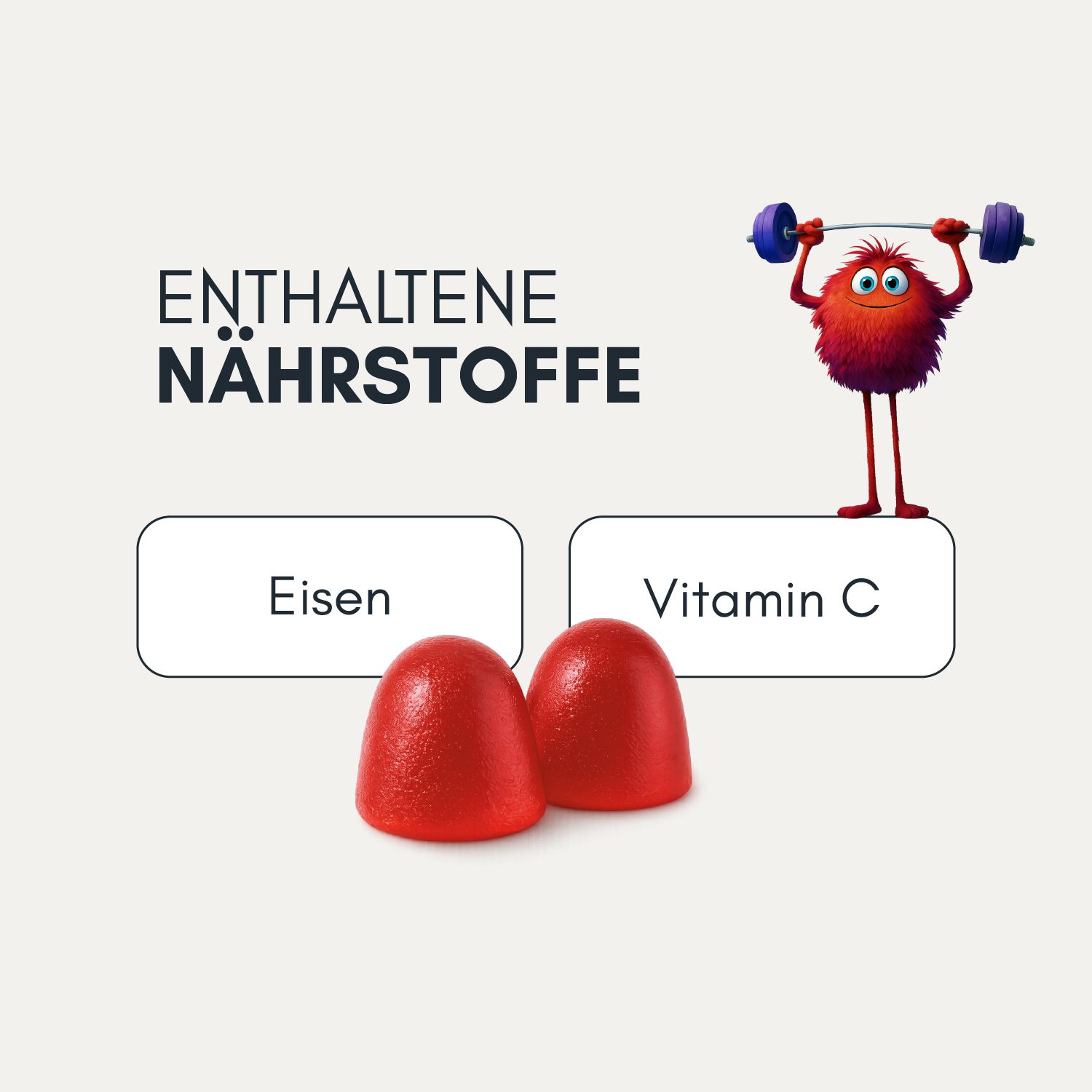 Zwei rote, tropfenförmige Gummibärchen. Text: Enthaltende Nährstoffe, Eisen, Vitamin C. Cartoon-Figur mit Hantel.