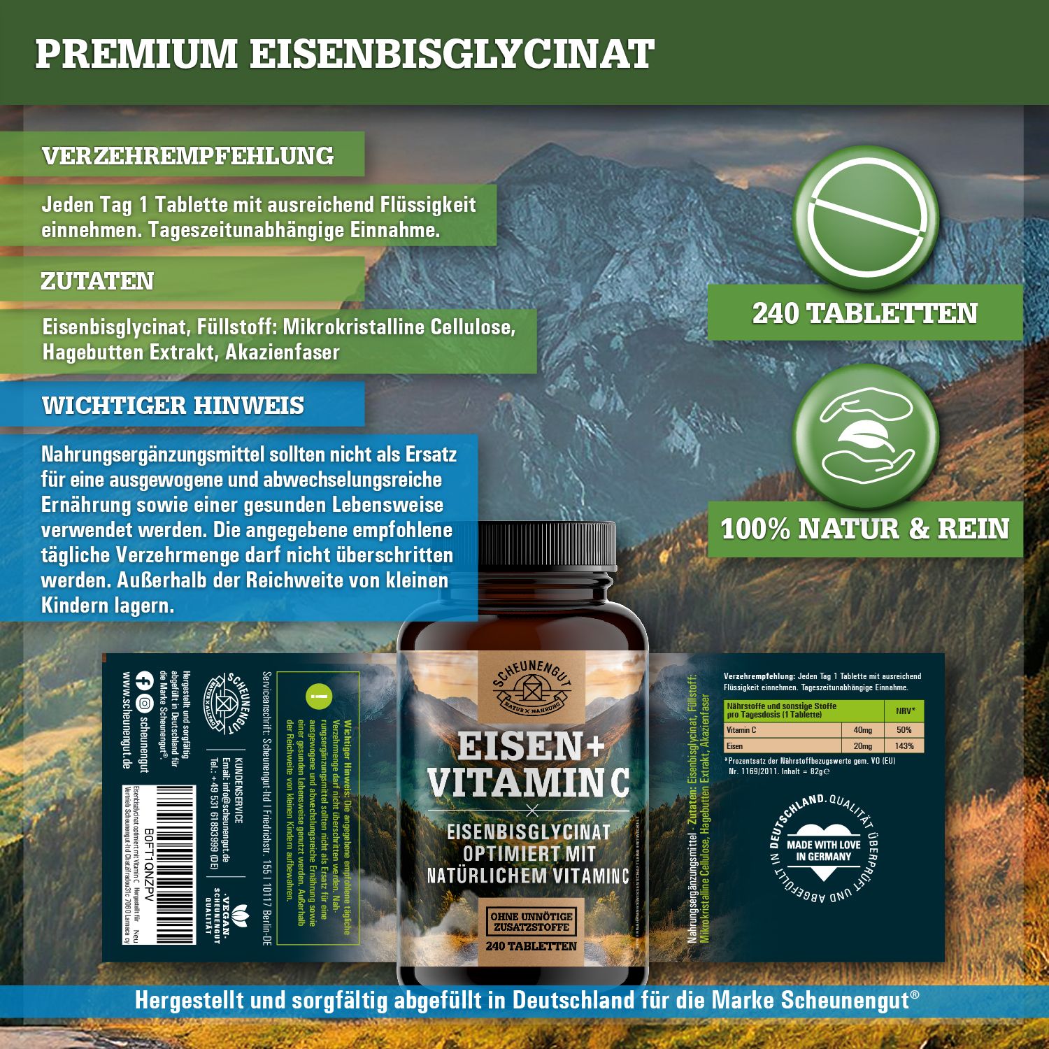 Produktverpackung mit Etikett. Text: Eisen + Vitamin C, 240 Tabletten. Marke: Scheunengut. 100% Natur & Rein.