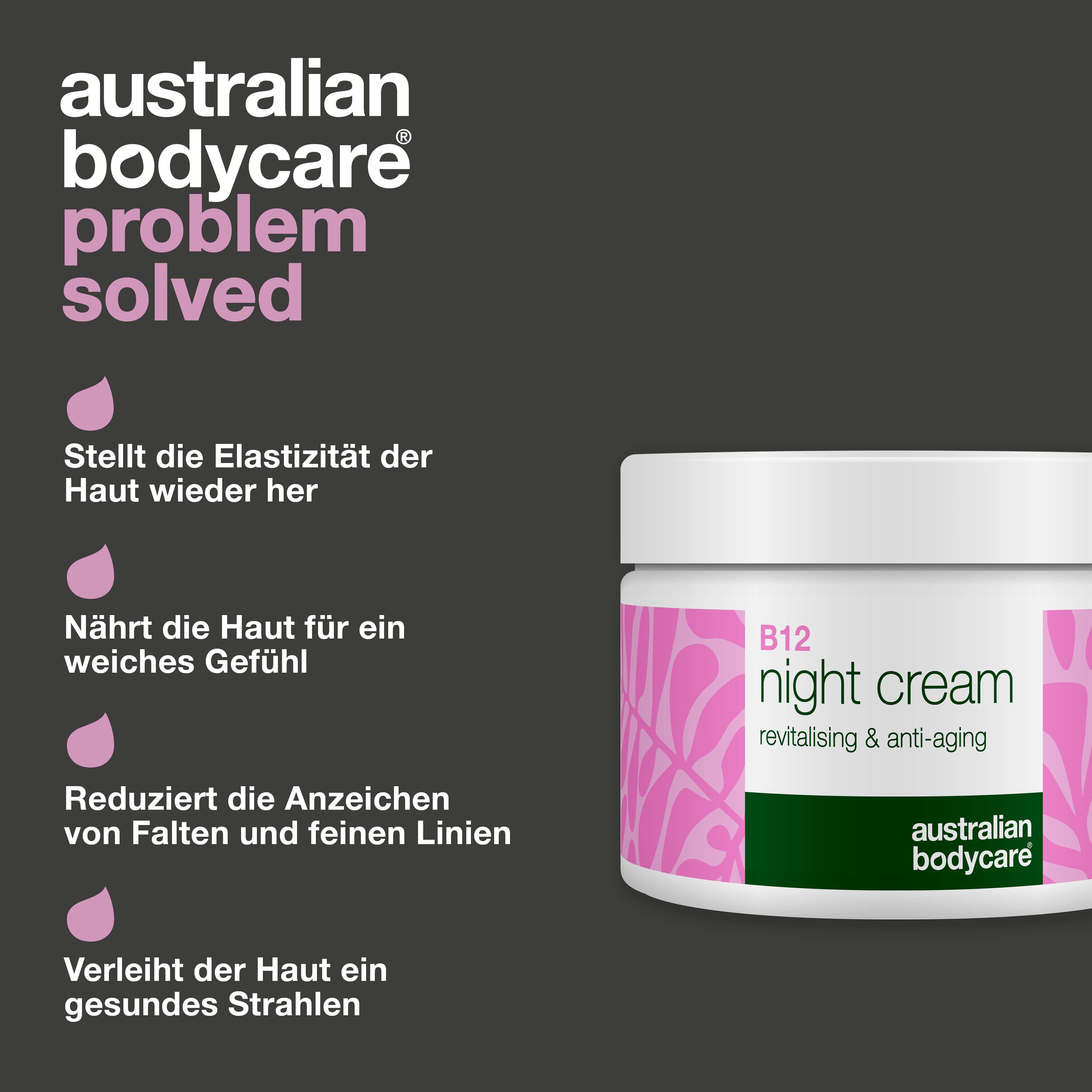 Tiegel Nachtcreme B12. Text: Hydratisiert, nährt, reduziert Falten, vereinheitlicht Teint. Marke: Australian Bodycare.