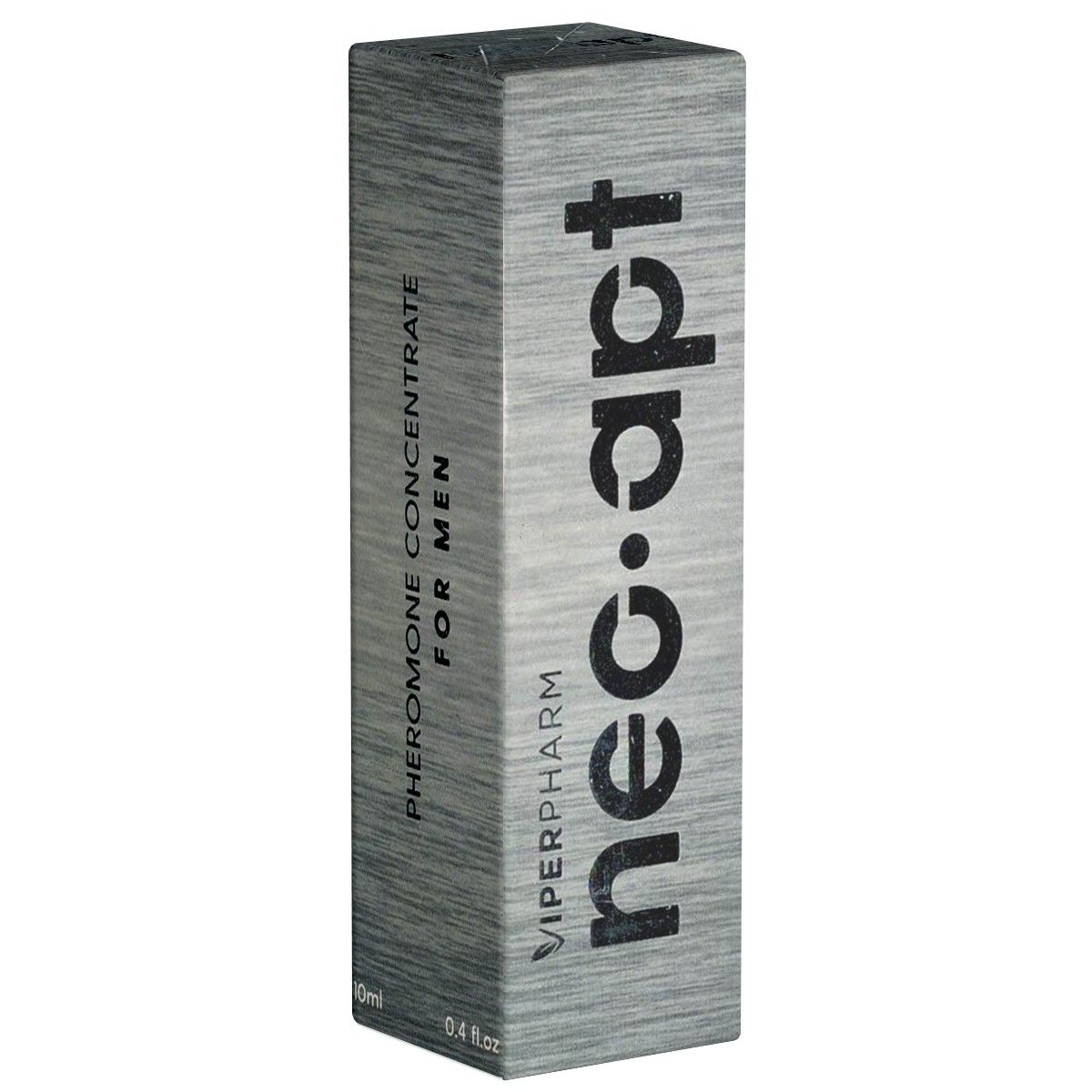 Zylindrische Verpackung mit "neo.apt"-Logo. Text: Pheromon-Konzentrat für Männer. Marke: ViperPharm. Farbe: Silber.