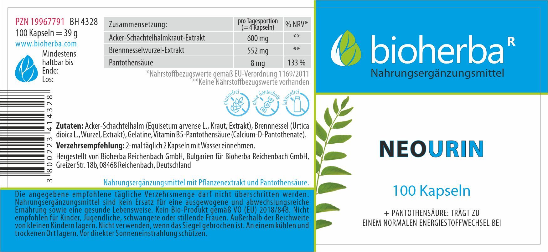 Produktverpackung mit Text. Enthält Informationen zu Inhaltsstoffen, Dosierung und Hersteller. "NEOURIN" und "100 Kapseln" sind sichtbar.