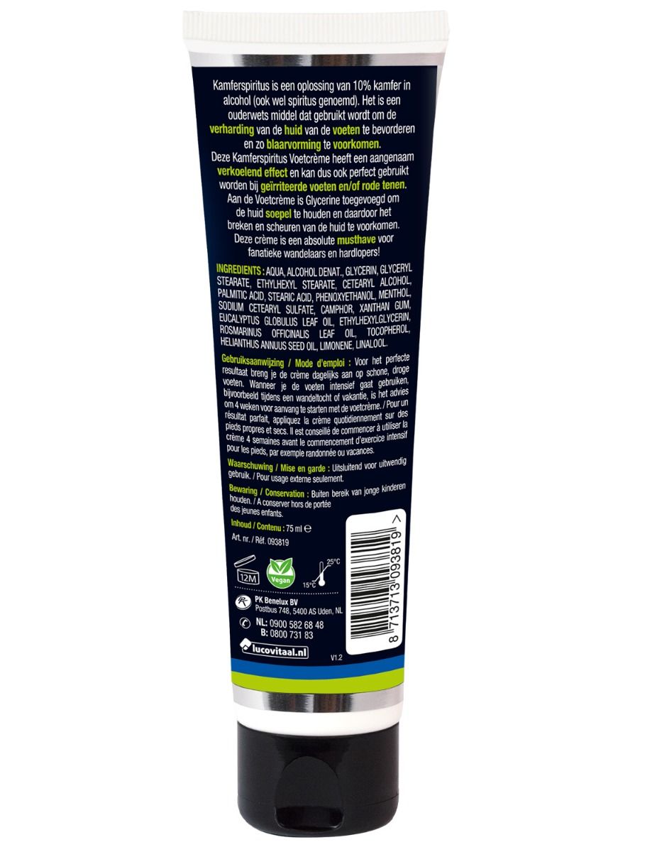 Achterkant van de voetcrèmetube. Tekst over ingrediënten, gebruik en waarschuwingen. Merk: Lucovitaal. Bevat 75 ml.