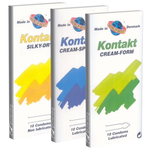 Drei Packungen Kondome. Aufschrift: Kontakt, Silky-Dry, Cream-Spray, Cream-Form. 10 Kondome pro Packung. Hergestellt in Dänemark.