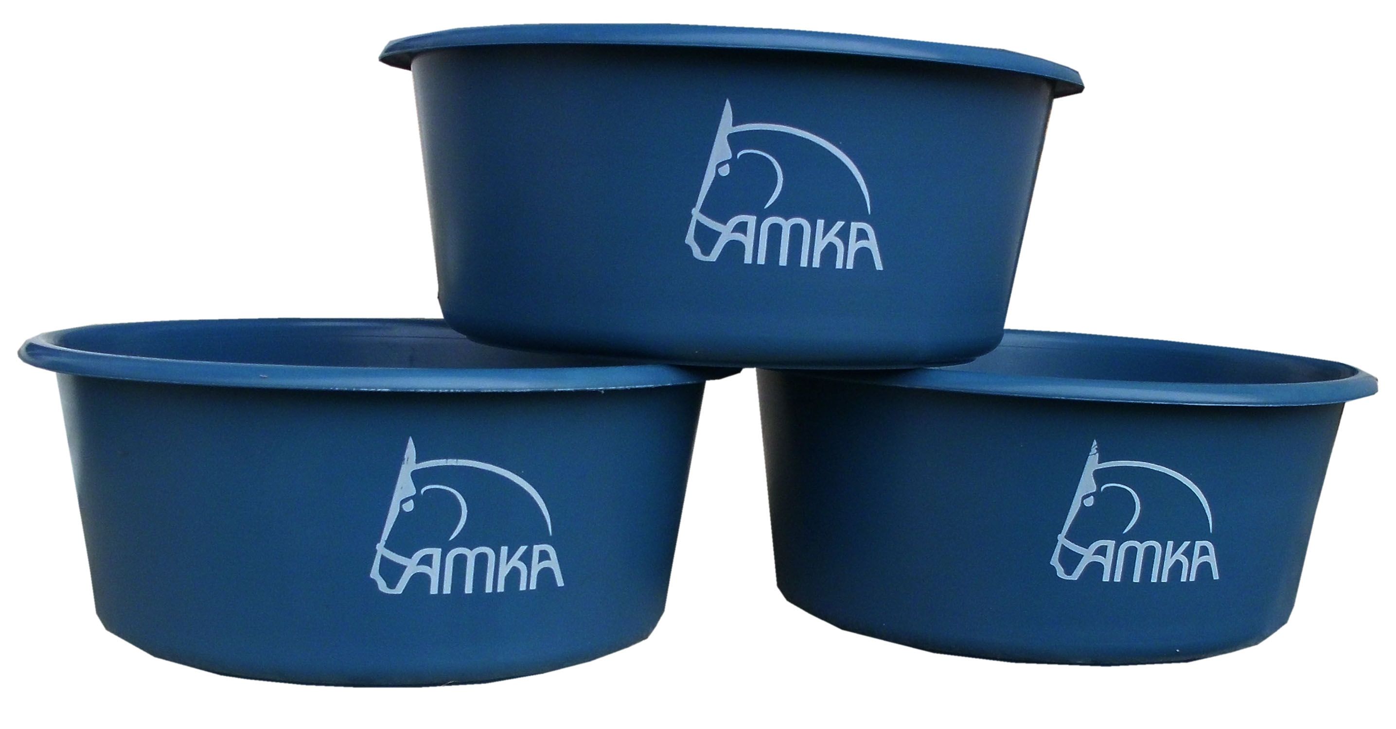 Drei blaue Futterschalen ohne Deckel, übereinander gestapelt. Mit weißem AMKA-Logo und Pferde-Silhouette.