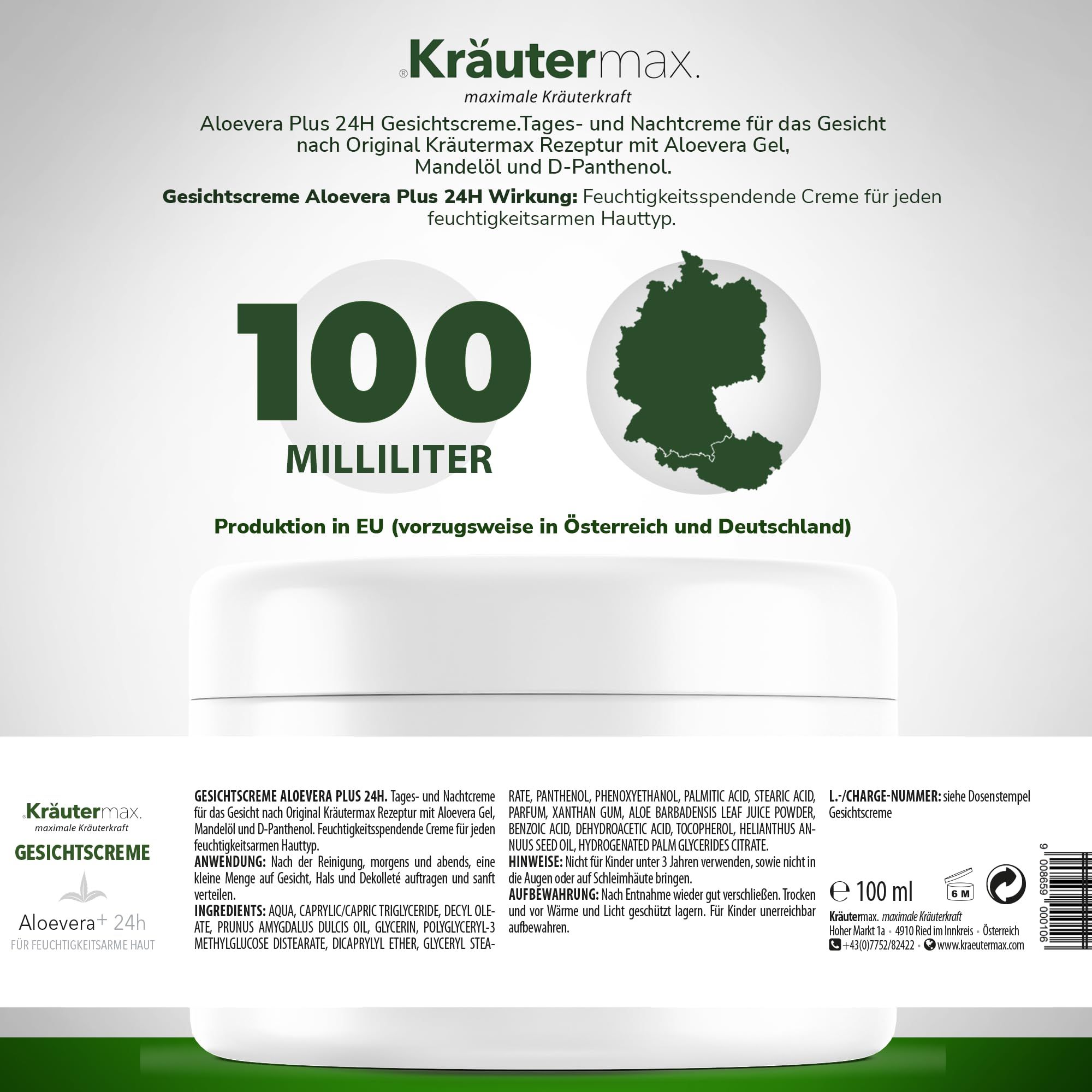 Weiße Creme-Dose mit Text und Logo. Aufschrift: 100 Milliliter. Karte von Deutschland. Produktion in EU.