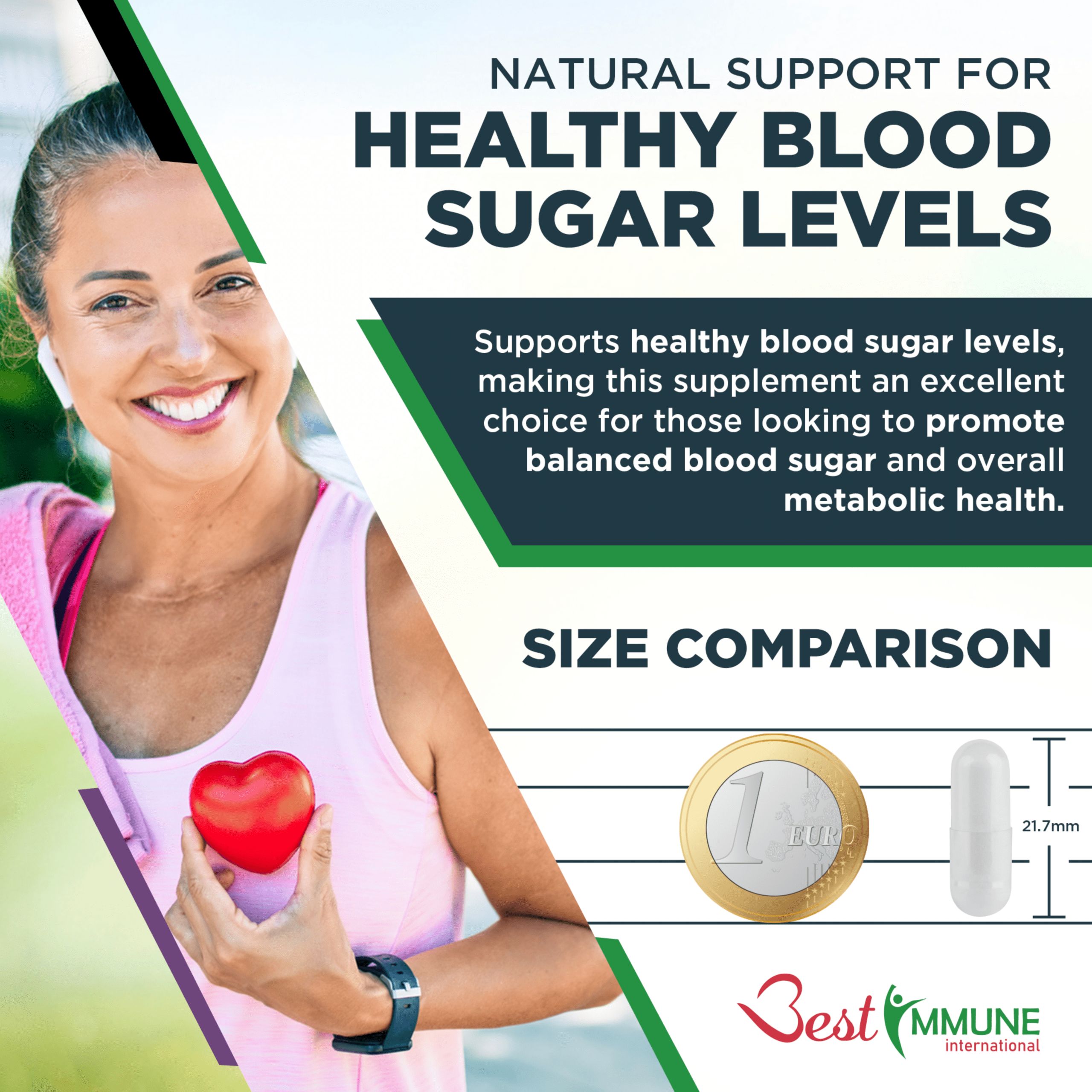 Frau mit rotem Herz und Kapsel. Vergleich: Kapsel neben 1-Euro-Münze. Text: Natürliche Unterstützung für gesunde Blutzuckerwerte.