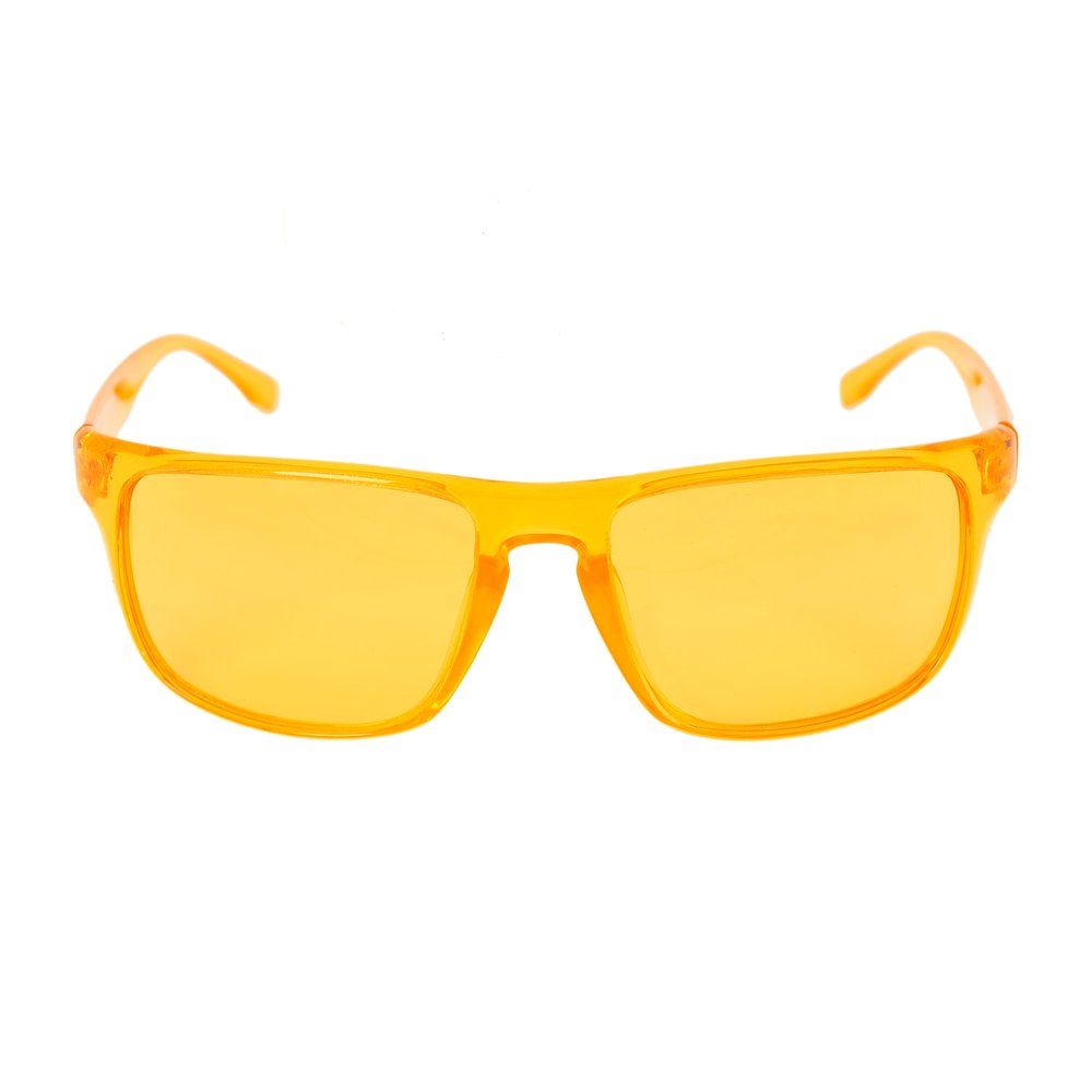 Gelbe Brille mit rechteckigen Gläsern und transparentem Rahmen. Die Brille hat einen leichten Farbton.
