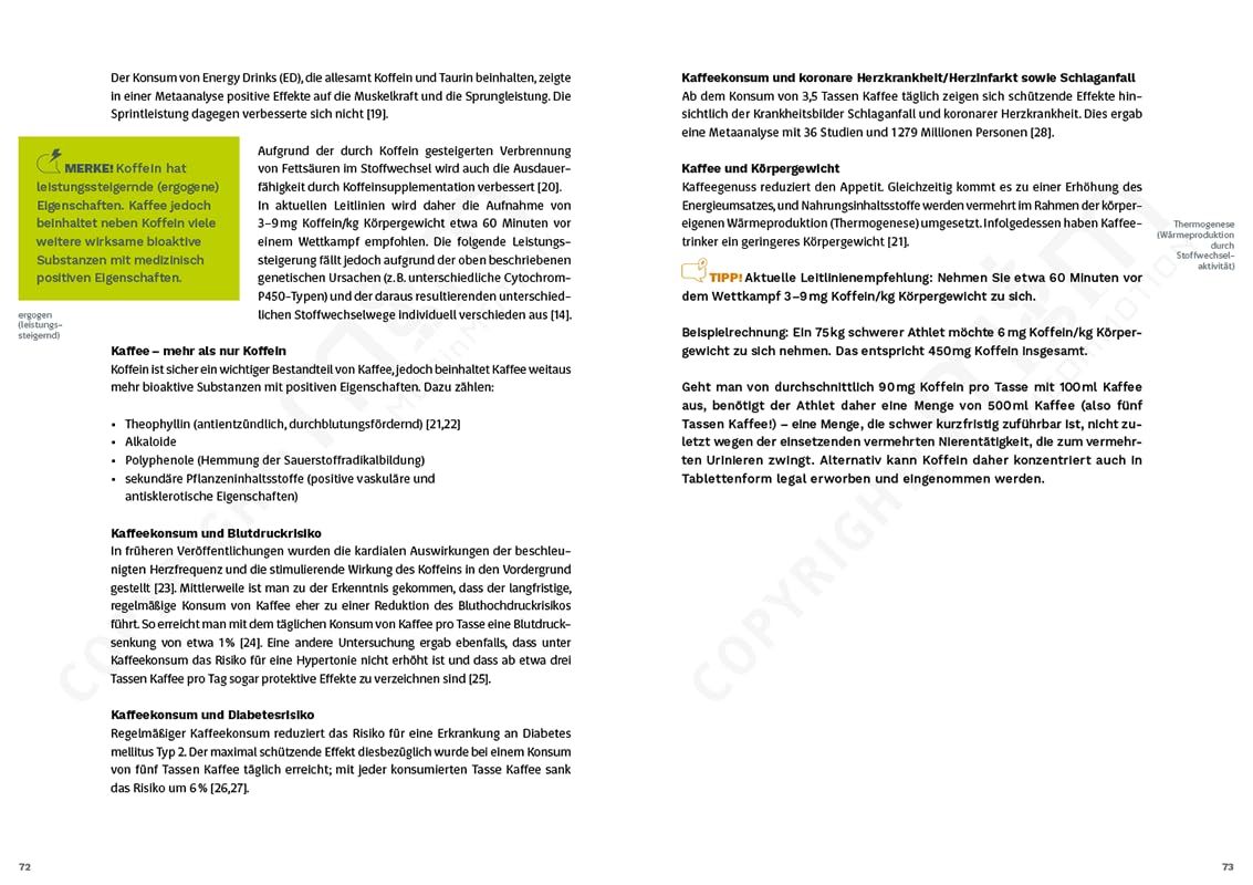 Buchseite mit Text. Thema: Koffein. Text über die Wirkung von Koffein auf den Körper und die Leistungssteigerung im Sport.