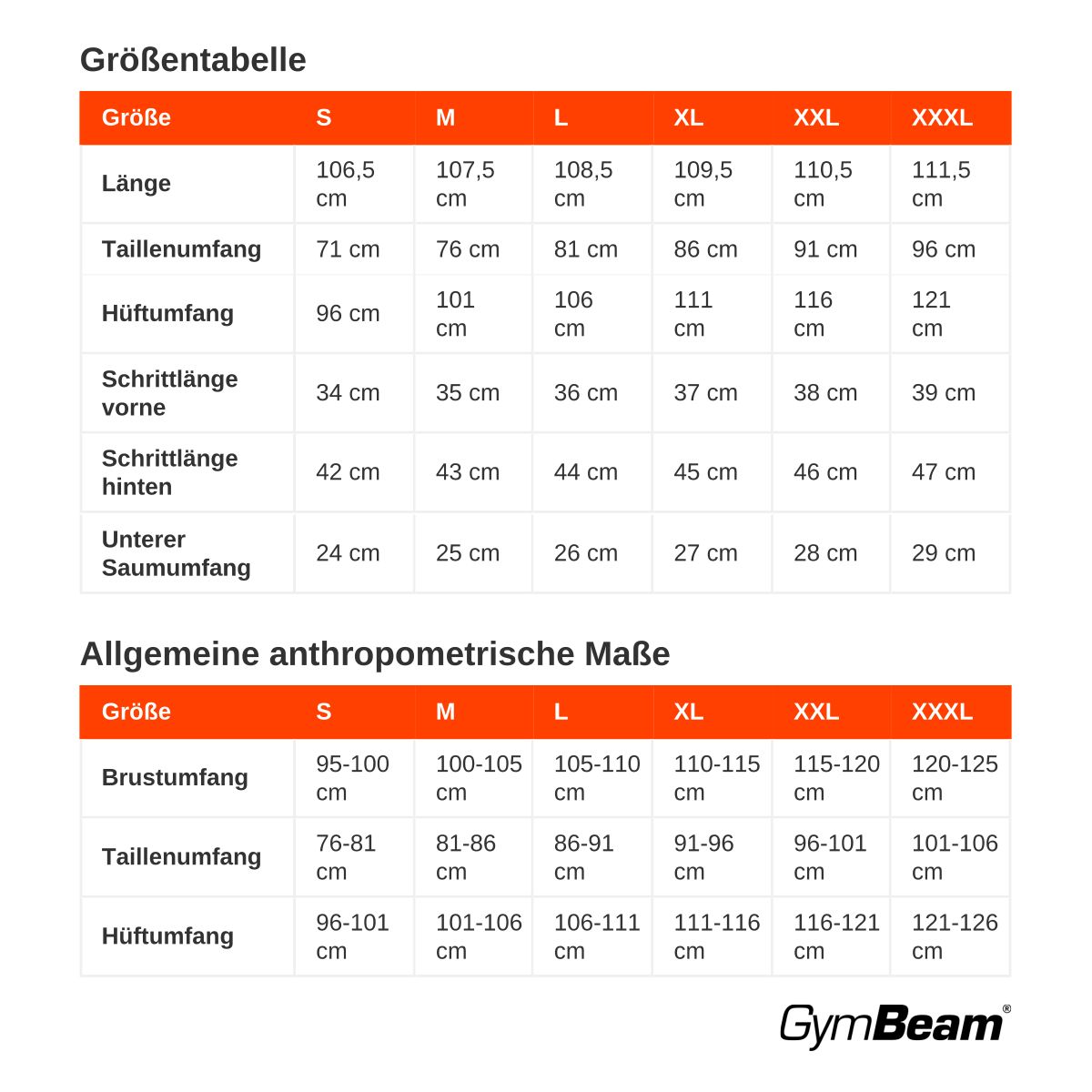 Größentabelle für Herren-Jogginghose in Schwarz, mit Maßen in cm.
