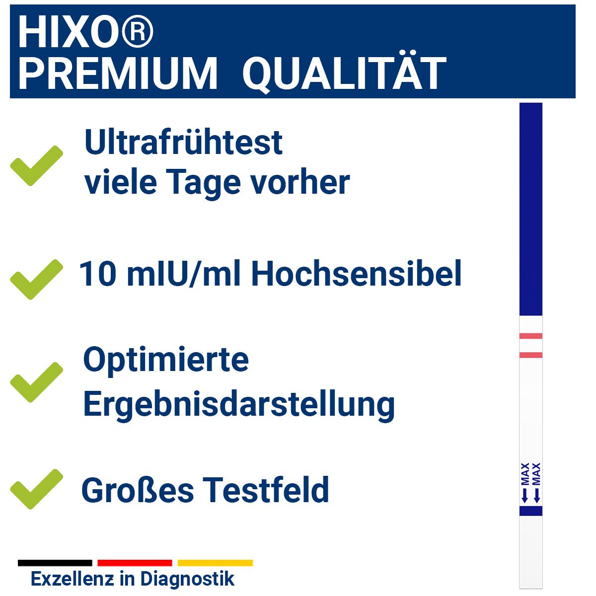 Teststreifen mit blauen Griffen. Text: Premium Qualität, Ultrafruhtest, 10 mIU/ml, optimierte Ergebnisdarstellung, großes Testfeld.
