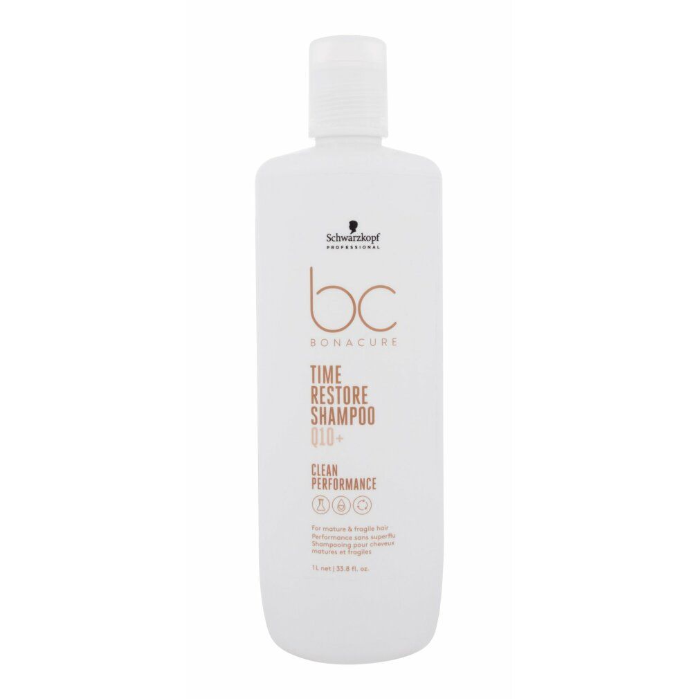 Weisse Flasche mit Shampoo. Aufschrift: Schwarzkopf BC Bonacure Time Restore Q10+. Mit Klappverschluss.