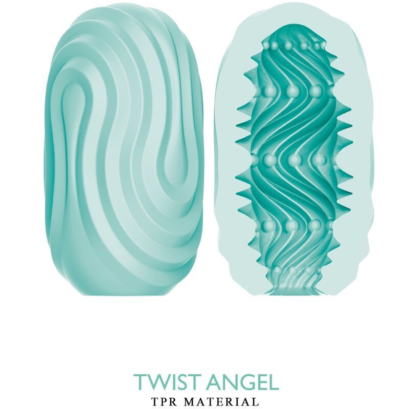 Türkisfarbenes, ovales Produkt, außen gewellt, innen mit Noppen. Text: Twist Angel, TPR Material.