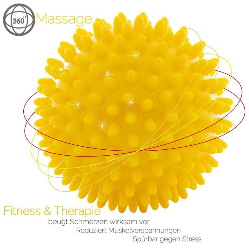 Gelbe Massagekugel mit Noppen. Text: Fitness & Therapie, 360° Massage. Texte und Linien um die Kugel.