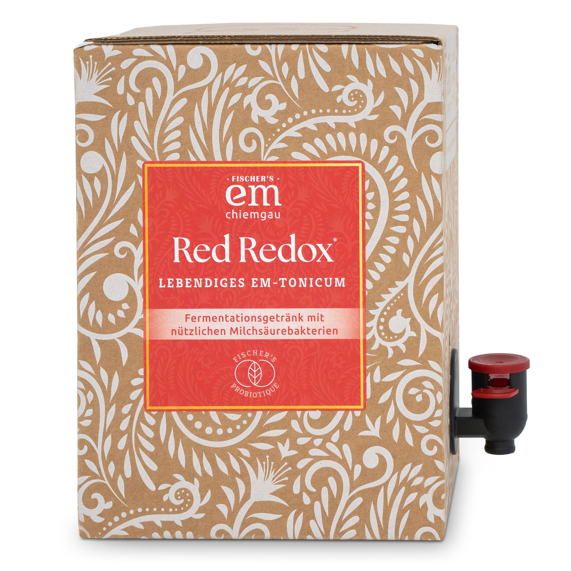 Karton mit rotem Etikett. Aufschrift: Red Redox, lebendiges EM-Tonicum. Mit Zapfhahn. Fischers Probiotique Logo.