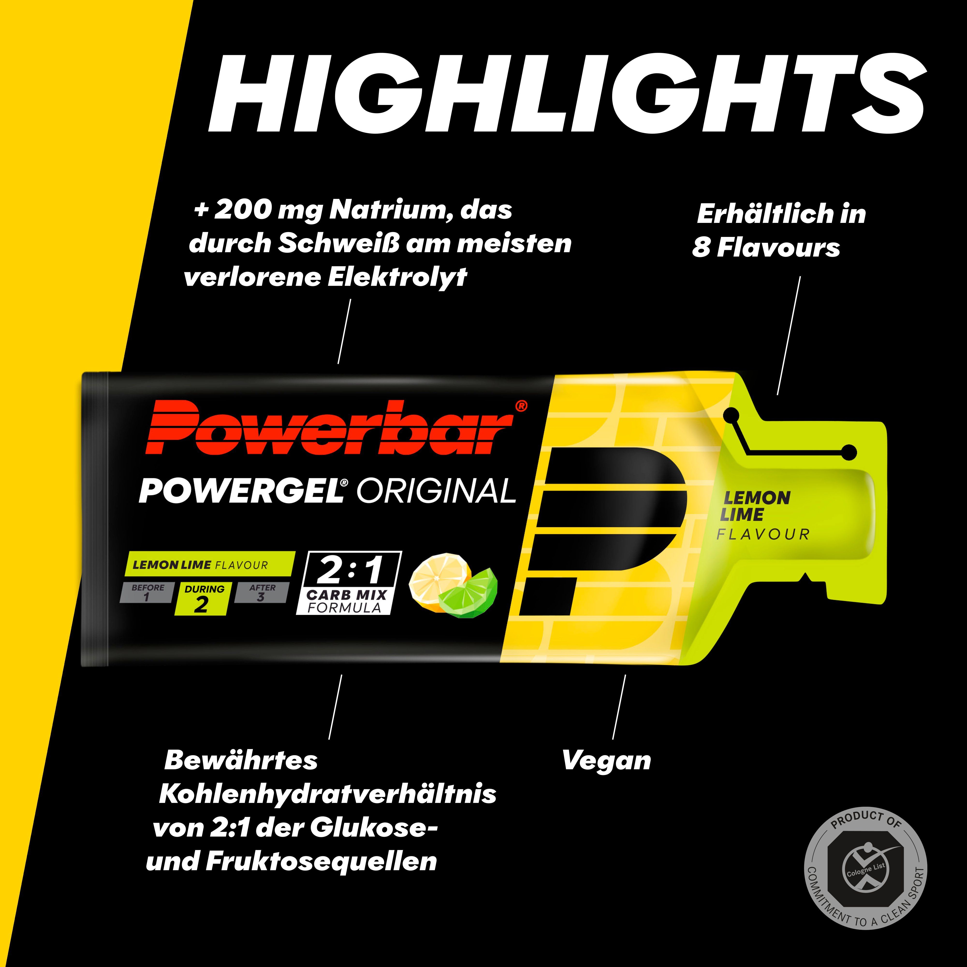 Powerbar PowerGel Original Lemon Lime. Gel-Packung mit gelbem Design. Aufschrift: Lemon Lime Flavour, 2:1 Carb Mix Formula.