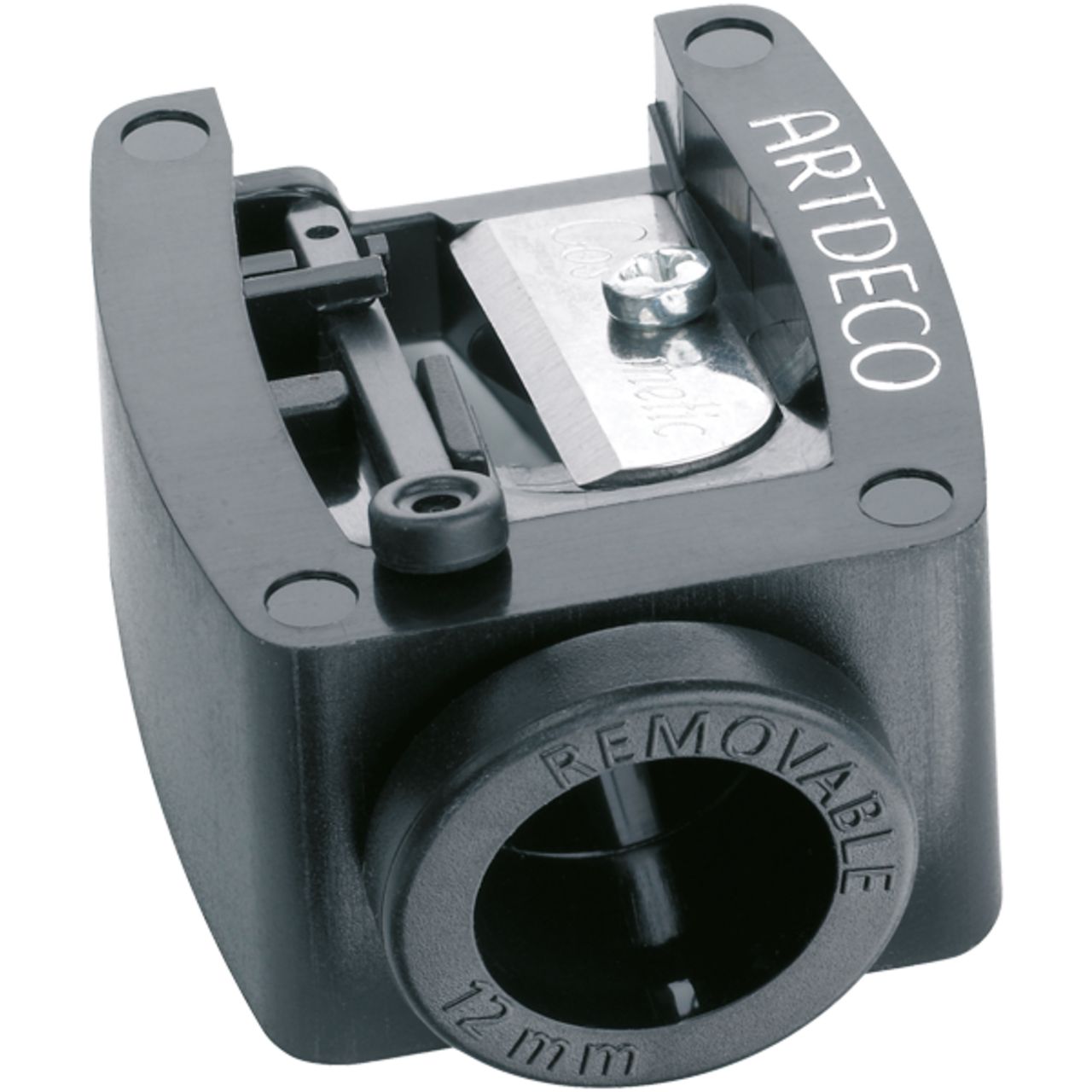 Schwarzer Spitzer mit "ARTDECO"-Schriftzug. Der Spitzer hat eine Öffnung mit der Aufschrift "REMOVABLE" und "12 mm".