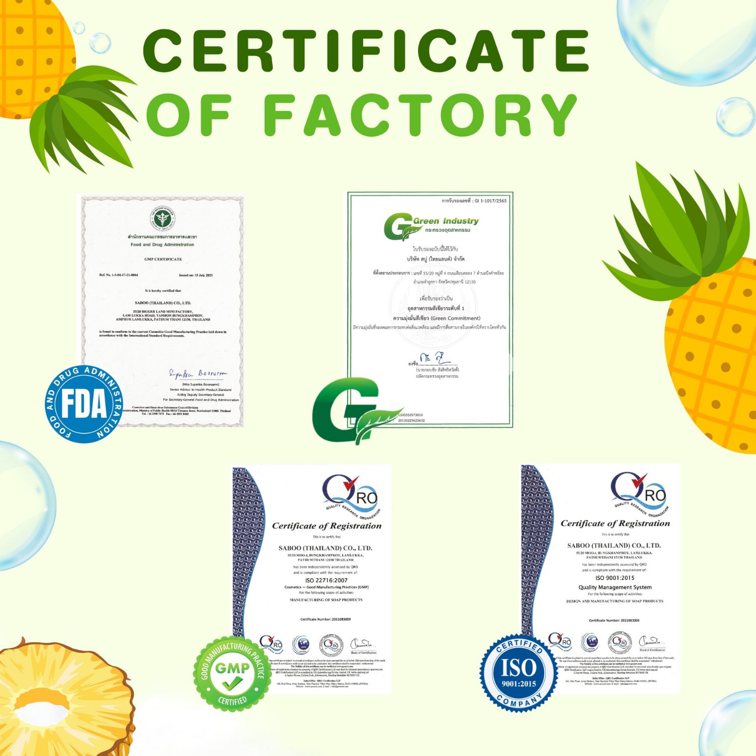 Zertifikate der Fabrik. FDA, GMP, ISO und weitere Zertifizierungen. Qualitätssiegel.