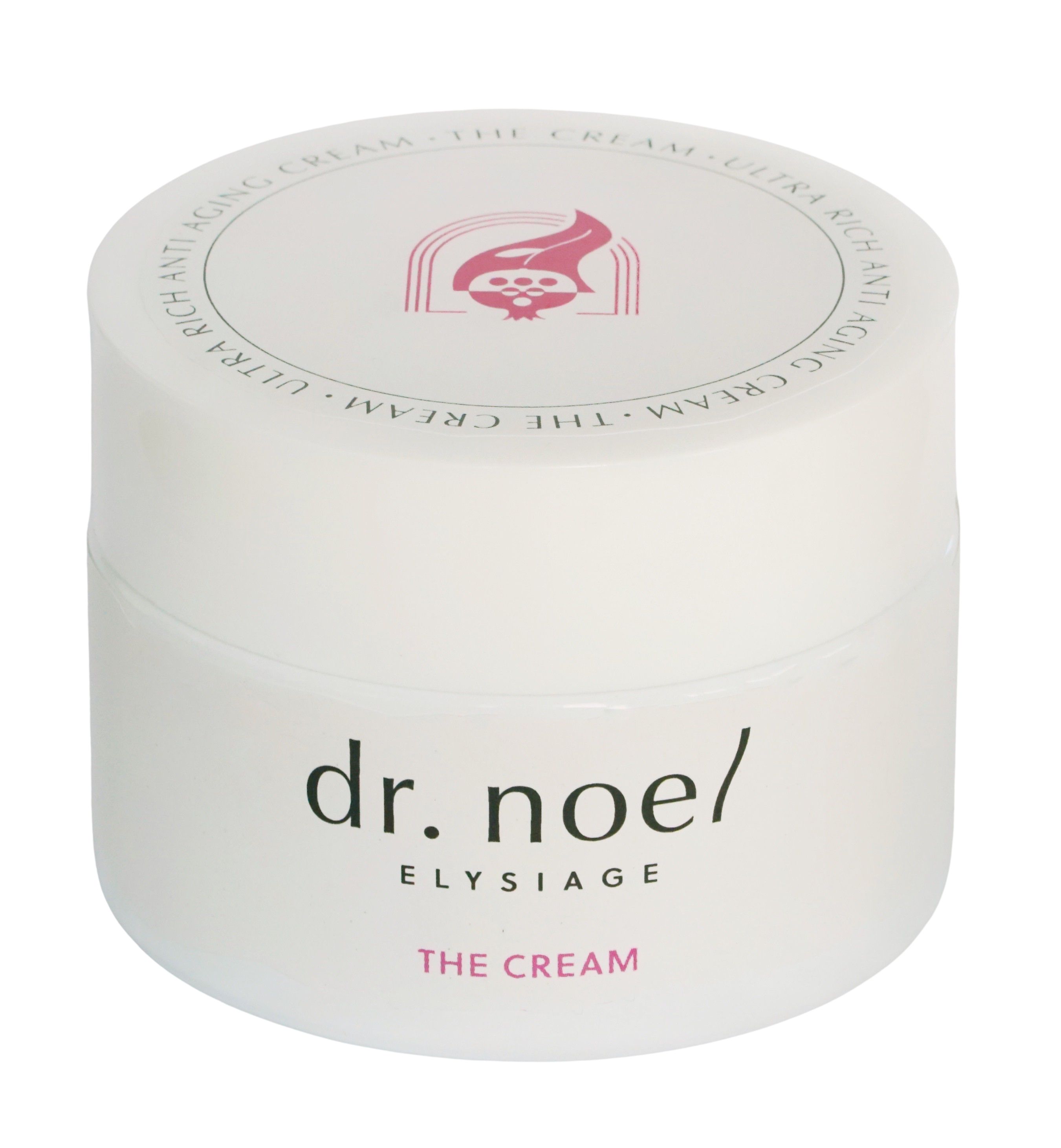 Weißes Creme-Glas mit 'dr. noel/ ELYSIAGE THE CREAM' Aufschrift. Rosa Details.