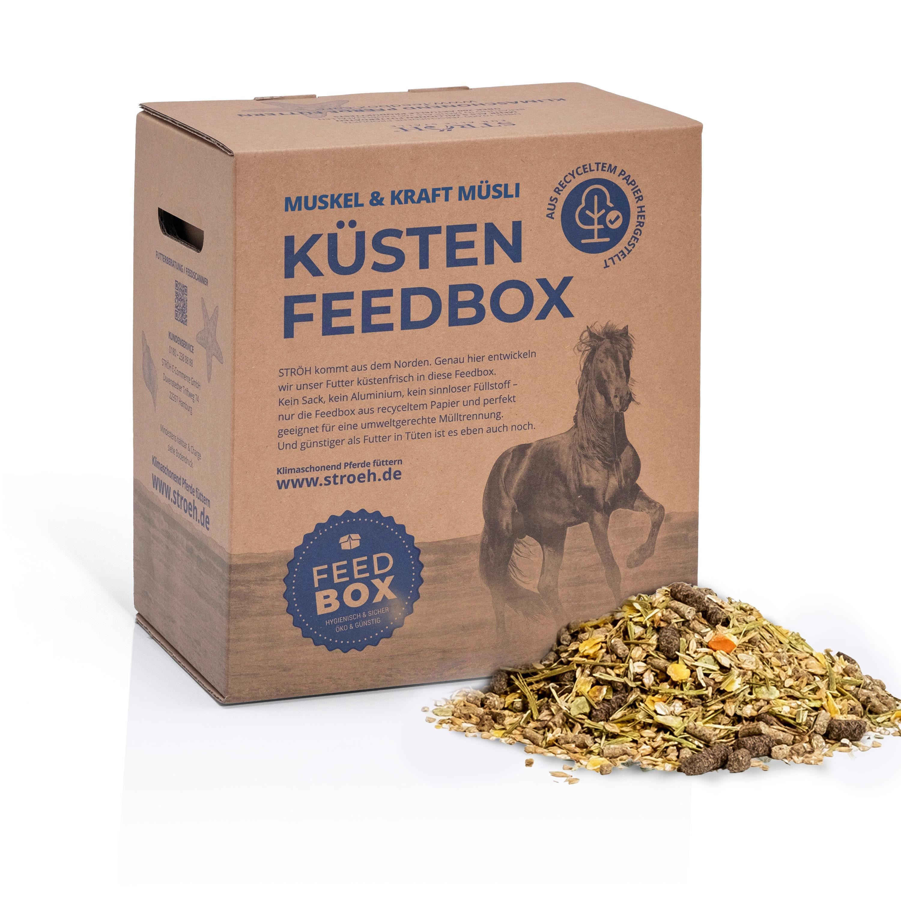 Karton "Küsten Feedbox" mit Müsli. Logo mit Pferd. Produkt auf Müsli-Mischung. Text: Muskel & Kraft Müsli, www.stroeh.de.