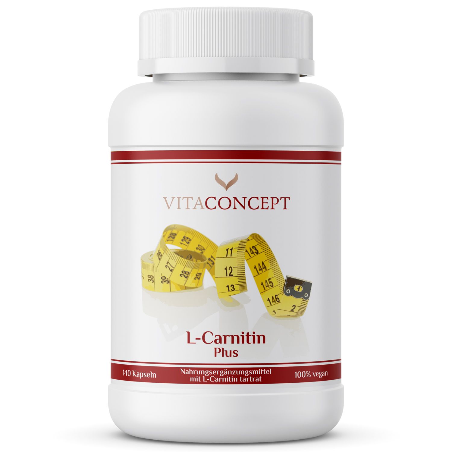 Weiße Flasche mit roter Umrandung. Aufschrift: VITACONCEPT L-Carnitin Plus. Gelbes Maßband. 140 Kapseln, 100% vegan.