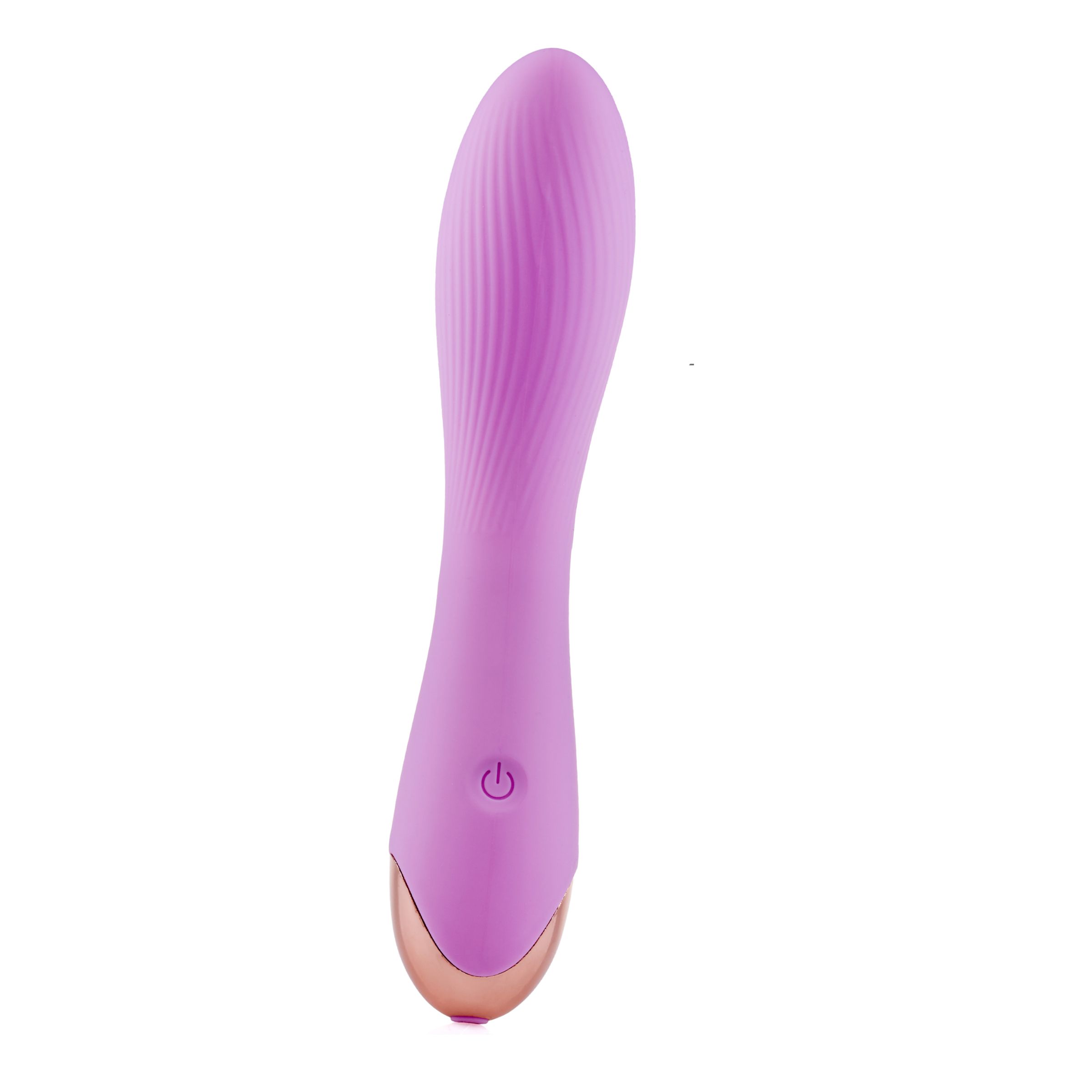 Lila Vibrator mit wellenförmiger Oberfläche und goldfarbenem Ende. Mit Ein-/Ausschalter.