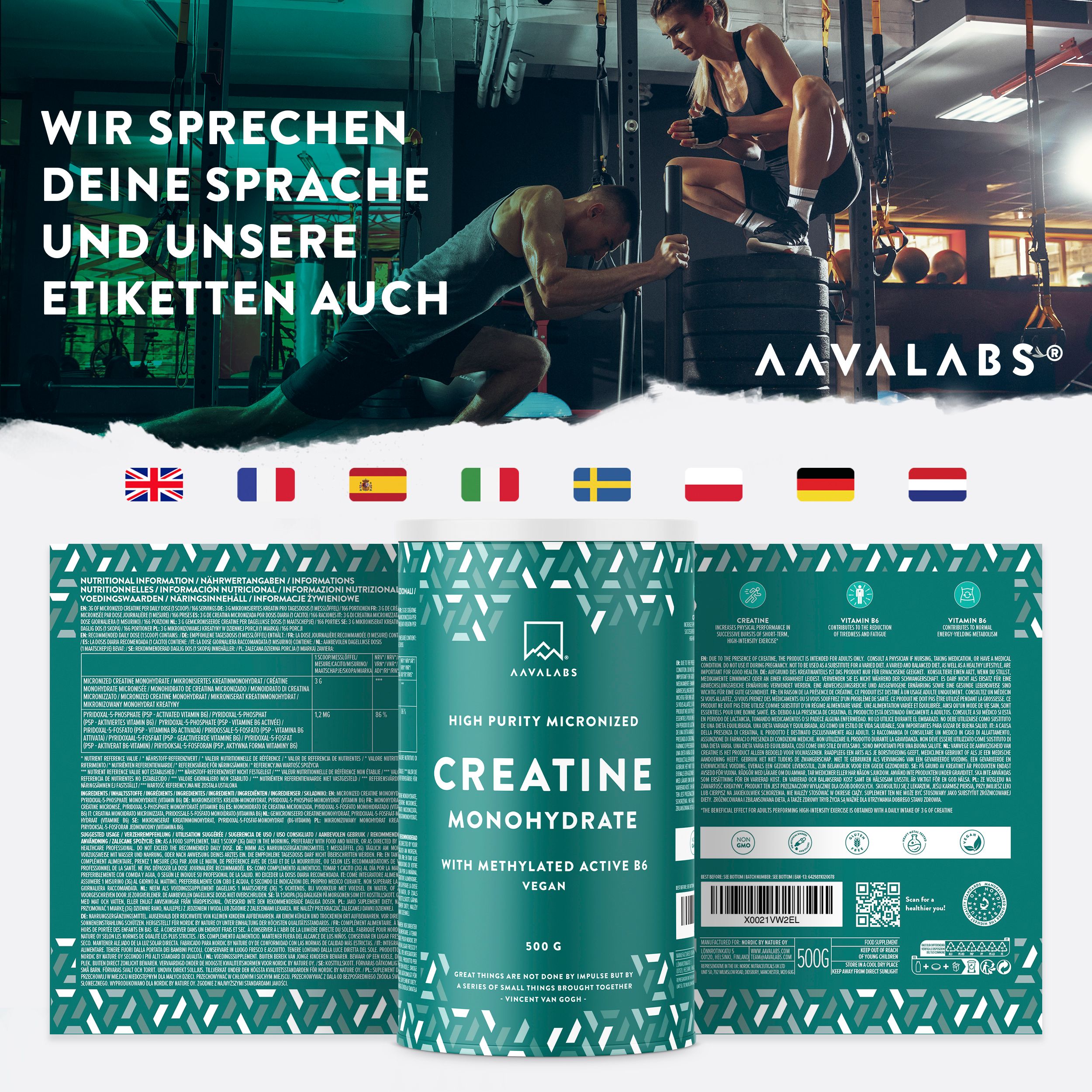 Muskulöser Mann mit Hanteln. Icons: vegan, glutenfrei, zuckerfrei, ohne Fett, ohne Soja.
