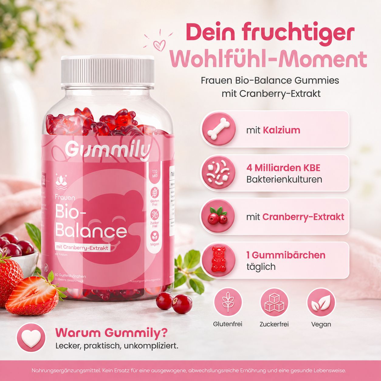 Gummily Frauen Bio-Balance Gummies: mit Kalzium, Cranberry-Extrakt, 4 Mrd. KBE Bakterienkulturen.