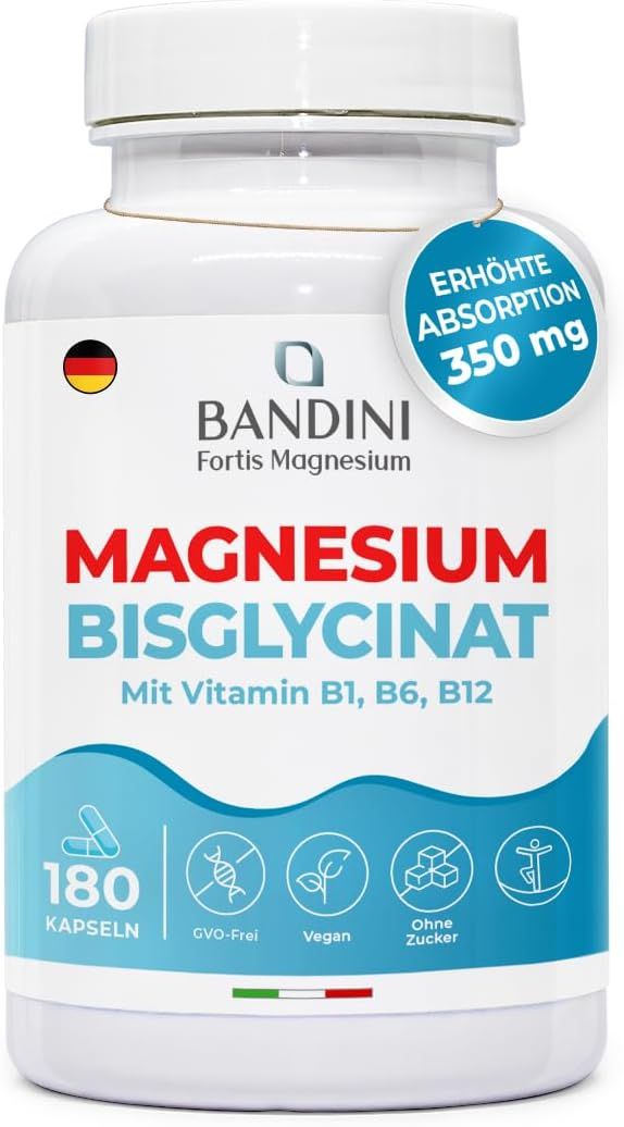 Weiße Flasche Bandini Magnesiumbisglycinat Kapseln. Aufschrift: Magnesium Bisglycinat, Vitamin B1, B6, B12. 180 Kapseln. 350 mg.