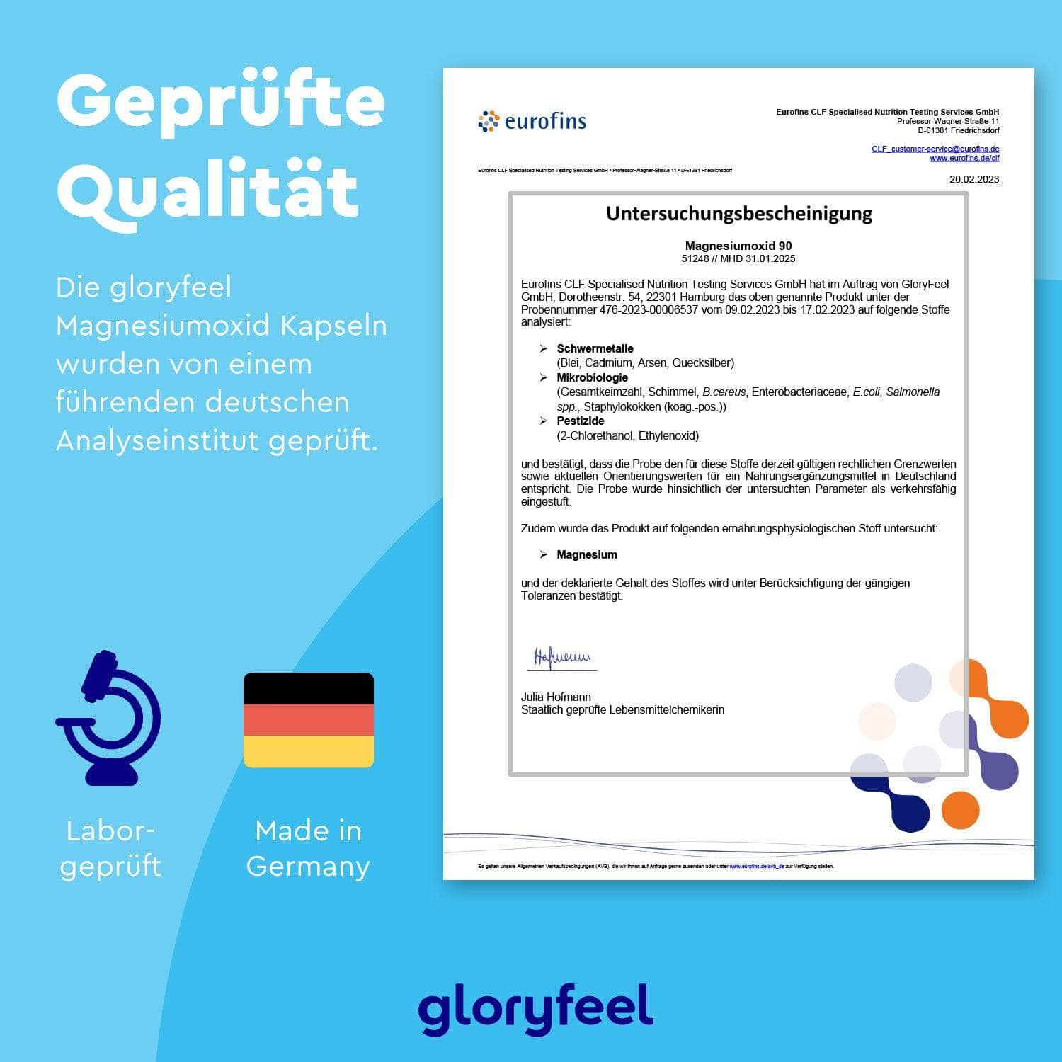 Zertifizierungsdokument für GloryFeel Magnesium 90 Kapseln. Laborgeprüft. Hergestellt in Deutschland. Enthält Informationen über Schwermetalle und Magnesium.