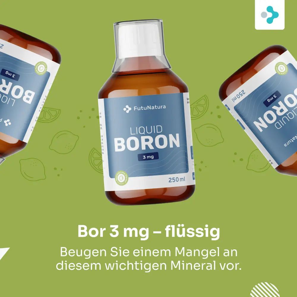 Drei Flaschen FutuNatura Liquid Boron 3 mg, 250 ml, mit Limetten.