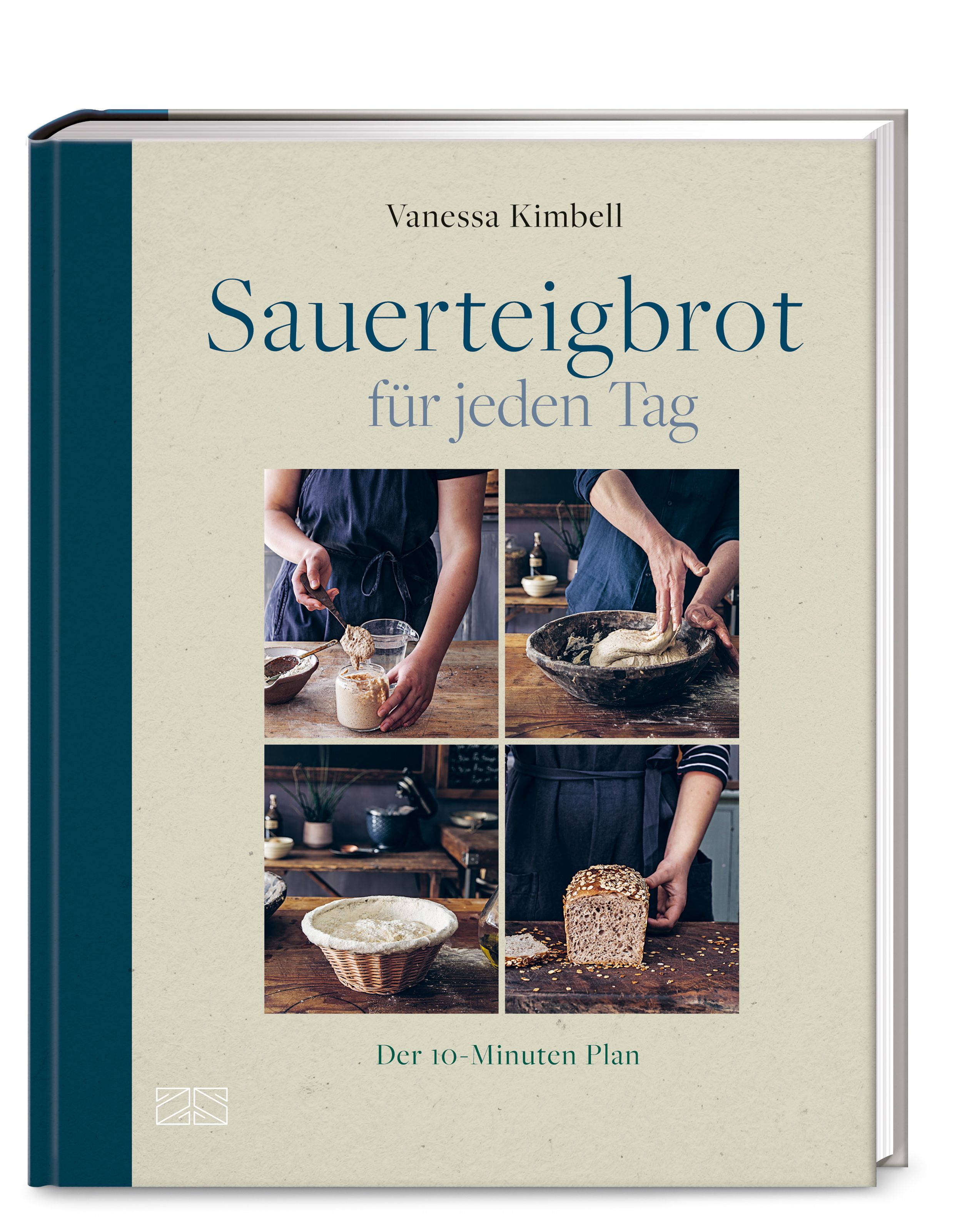 Buchcover mit Titel "Sauerteigbrot für jeden Tag" von Vanessa Kimbell. Vier Fotos zeigen Brotbackprozess. Dunkelblauer Buchrücken.