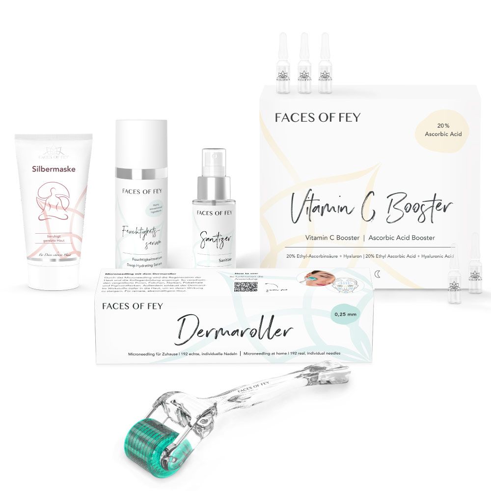 Produkt-Set. Enthält: Silbermaske, Feuchtigkeitsserum, Sanitzer, Vitamin C Booster, Derma-Roller. Text: FACES OF FEY, Dermaroller, Vitamin C Booster.