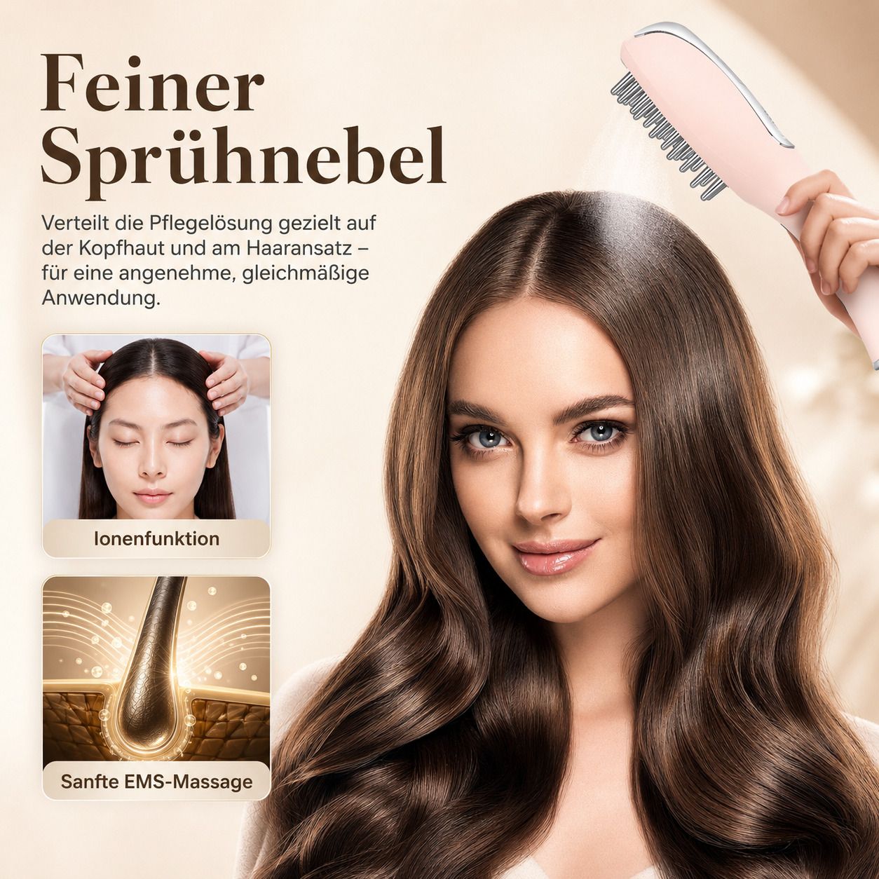 Rosa Massagebürste mit feinem Sprühnebel für die Kopfhautpflege.