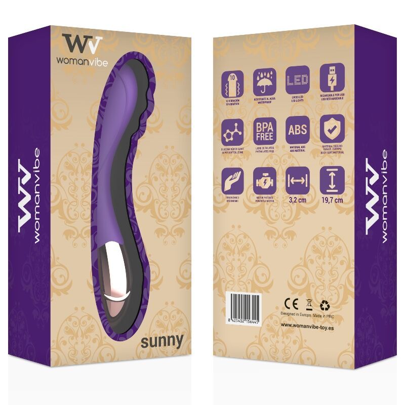 Verpackung mit lila Vibrator. Aufschrift "Womanvibe" und "sunny". Auf der Rückseite Symbole für Funktionen und Zertifizierungen.