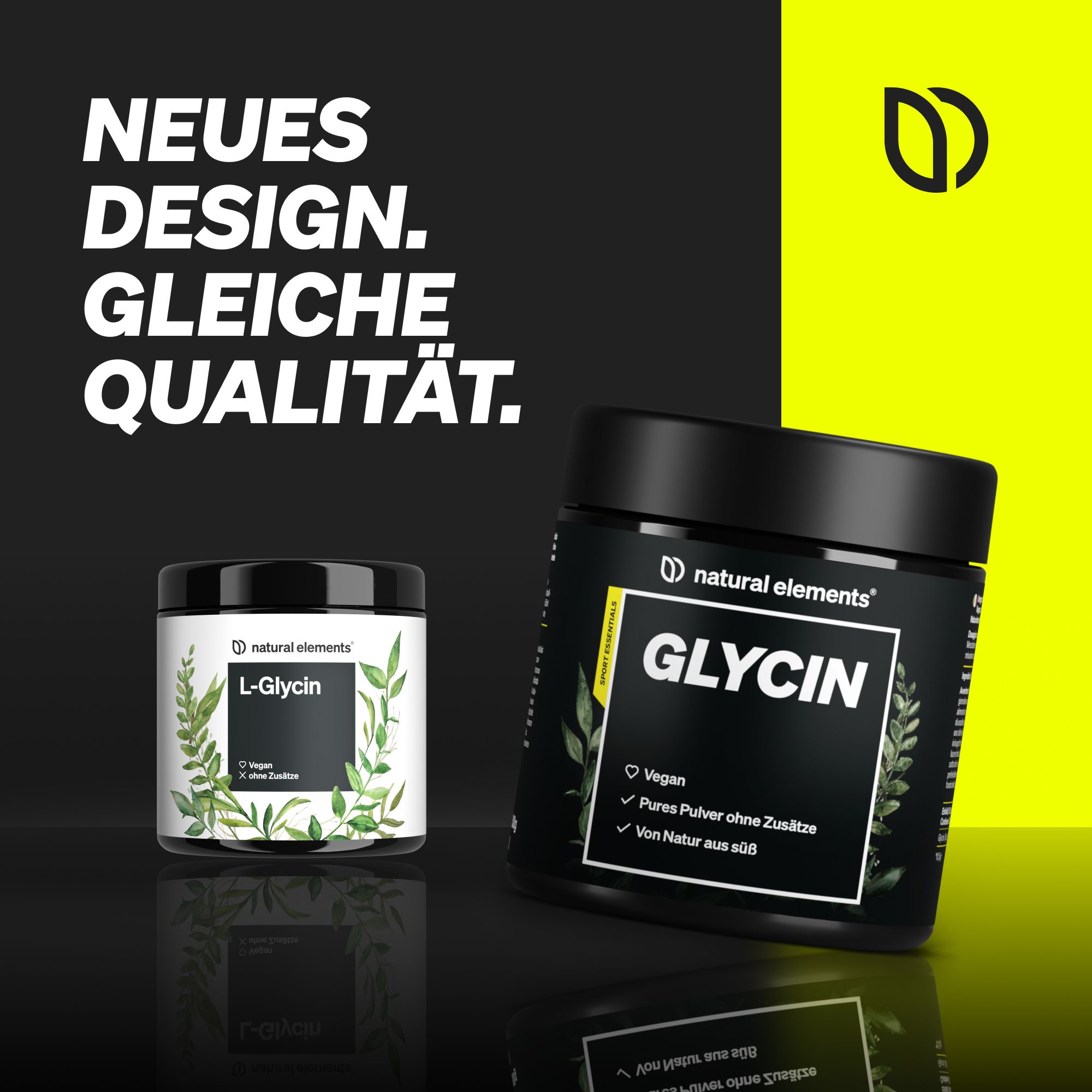 Zwei Dosen auf schwarzem Hintergrund. Text: Neues Design. Gleiche Qualität. L-Glycin.