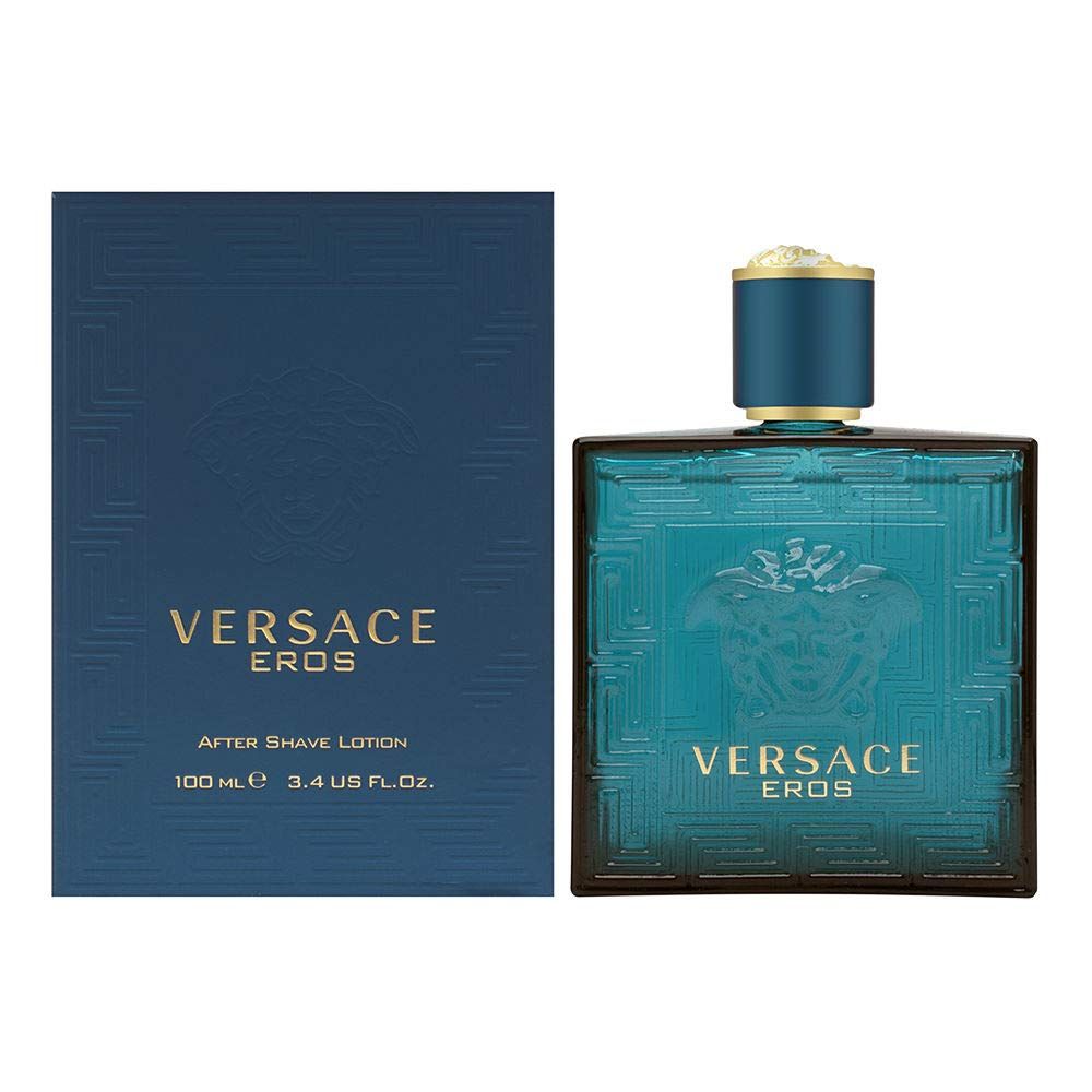 Blaues Flakon mit goldfarbenem Verschluss und blauer Verpackung. Aufschrift: VERSACE EROS, After Shave Lotion.