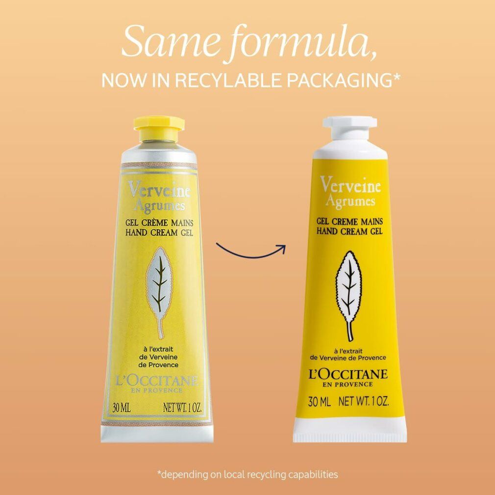 Zwei gelbe Handcreme-Tuben nebeneinander. Beschriftung: Verbene Agrumes, L'Occitane en Provence, 30 ml, Nettoinhalt 1 oz. Text: Gleiche Formel, jetzt in recycelbarer Verpackung.
