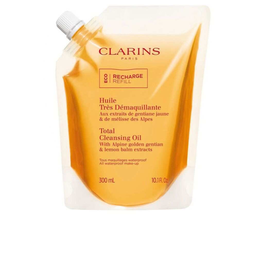 Nachfüllpackung für Make-up-Entfernungsöl. Klar, gelbliche Flüssigkeit in einem Beutel mit Schraubverschluss. Marke: Clarins.