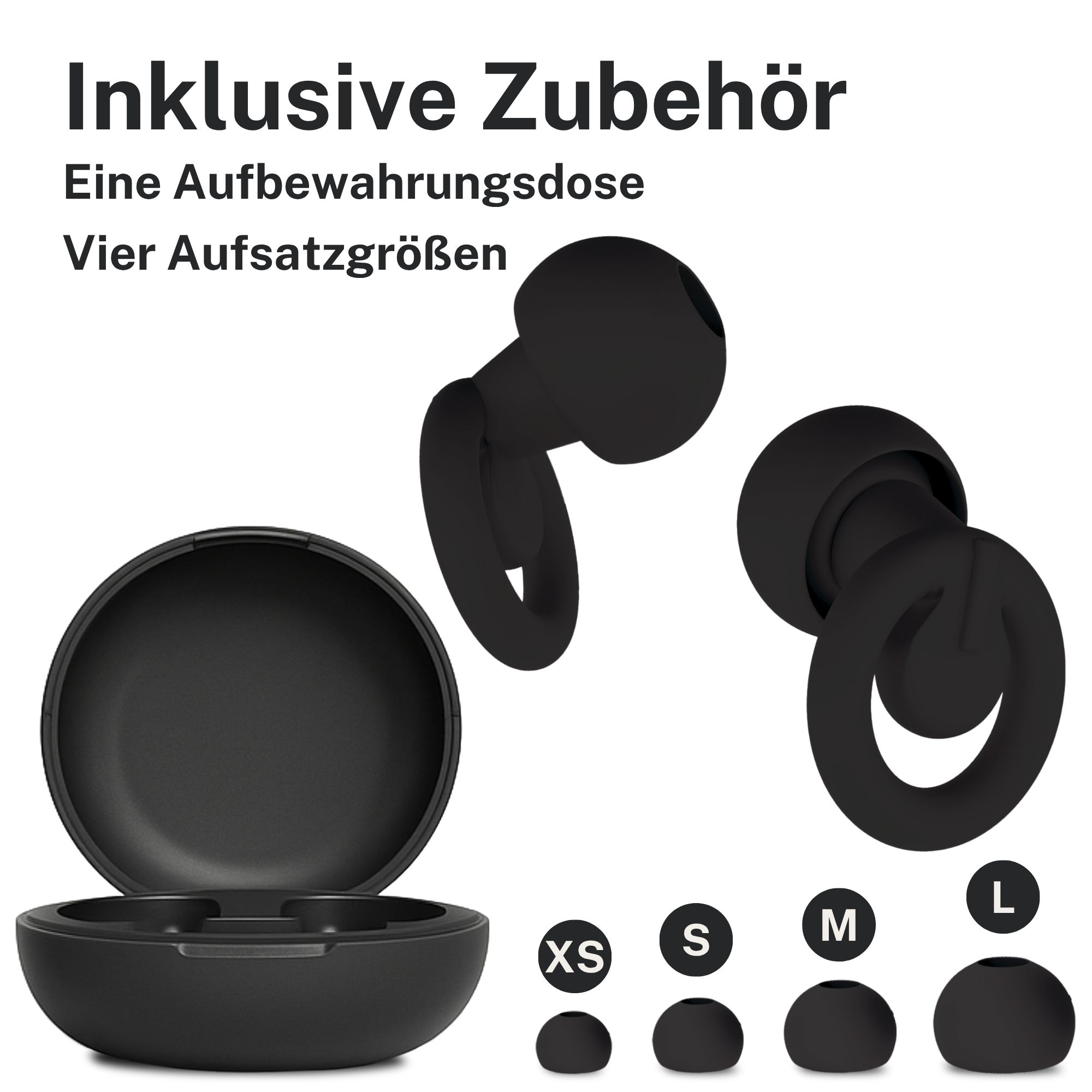 Ohrstöpsel mit Aufbewahrungsdose und vier Aufsatzgrößen: XS, S, M, L. Schwarze Farbe.